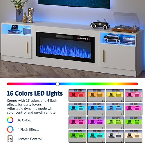 Miniatura 67 de PUKAMI Soporte de TV con chimenea de 18 pulgadas para sala de estar, centro de entretenimiento de 58 pulgadas con luces para patas, armario moderno