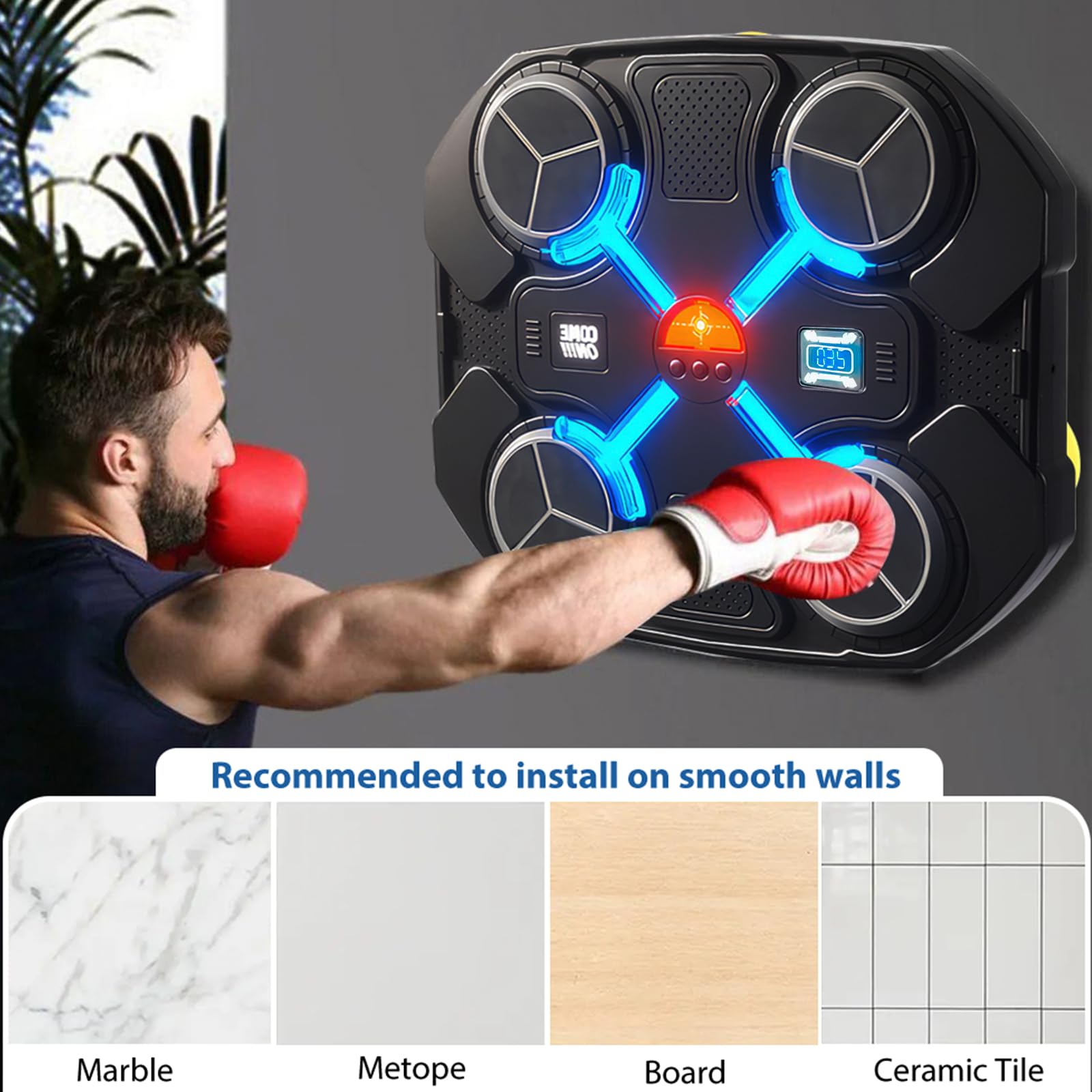 ALLOMN Macchina da boxe musicale intelligente, con 3 modalità di velocità e modalità di conteggio, da parete, con guantoni da boxe, per bambini, adulti, appassionati di bersaglio