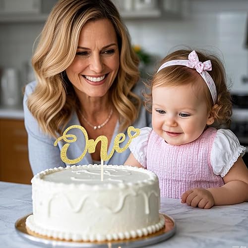 Miniatura 4 de ALISSAR Decoración dorada de doble cara con purpurina para el primer cumpleaños, decoración de pastel para primer cumpleaños de niño y niña, primer