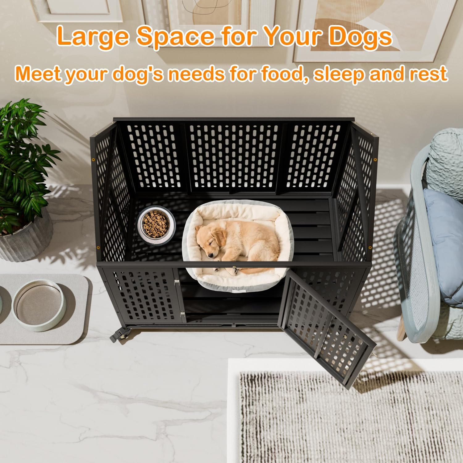 44'' Heavy Duty Indestructible Dog Crate for Large Dogs, Escape Proof High Anxiety Kennel with Wheels and Trays, Chew-Proof Indoor Cage with Open Roof Top