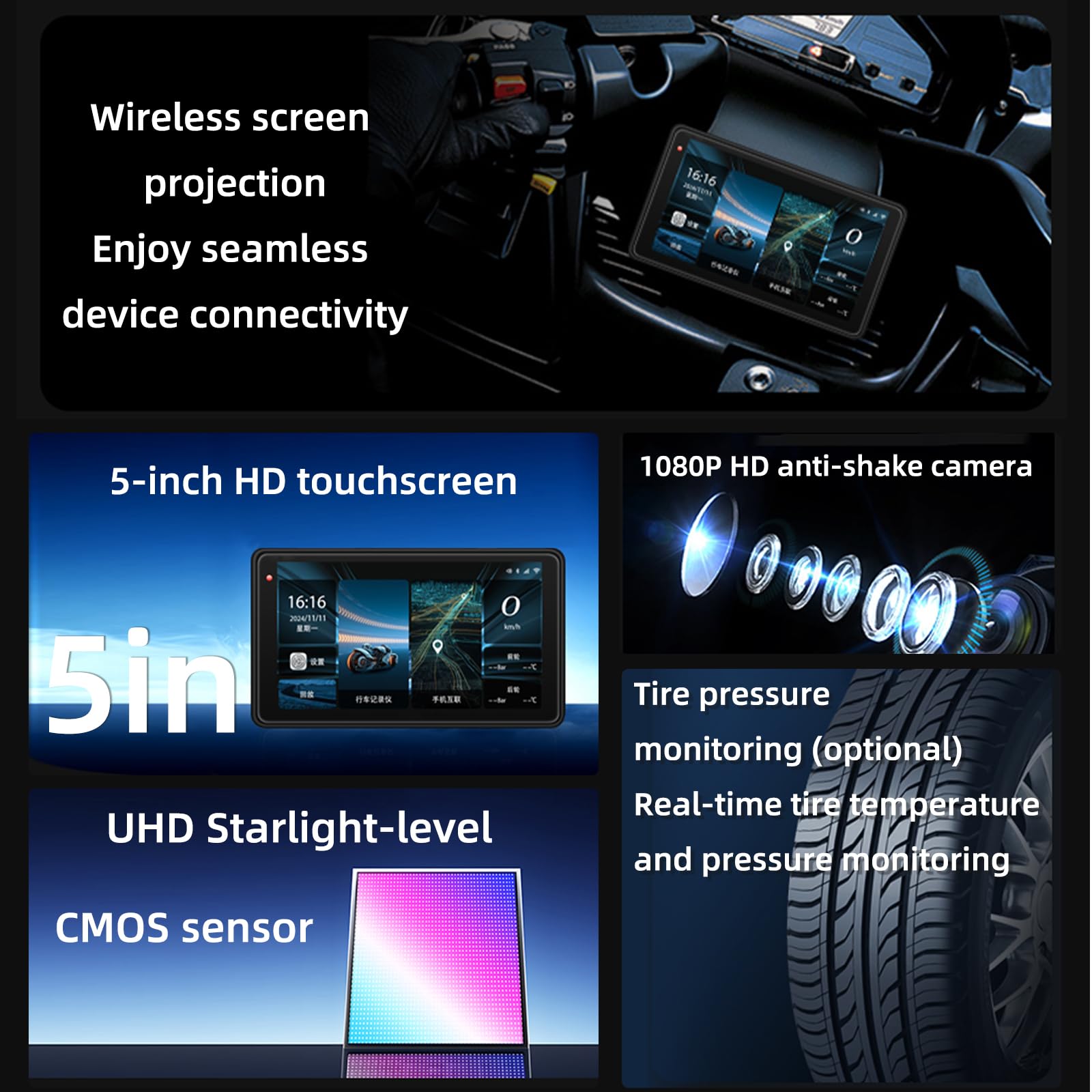 Moto Carplay Schermo 5 pollici IP68 Impermeabile Touchscreen GPS Navigazione con Wireless CarPlay Android Auto HD 1080P Dash Cam Bluetooth
