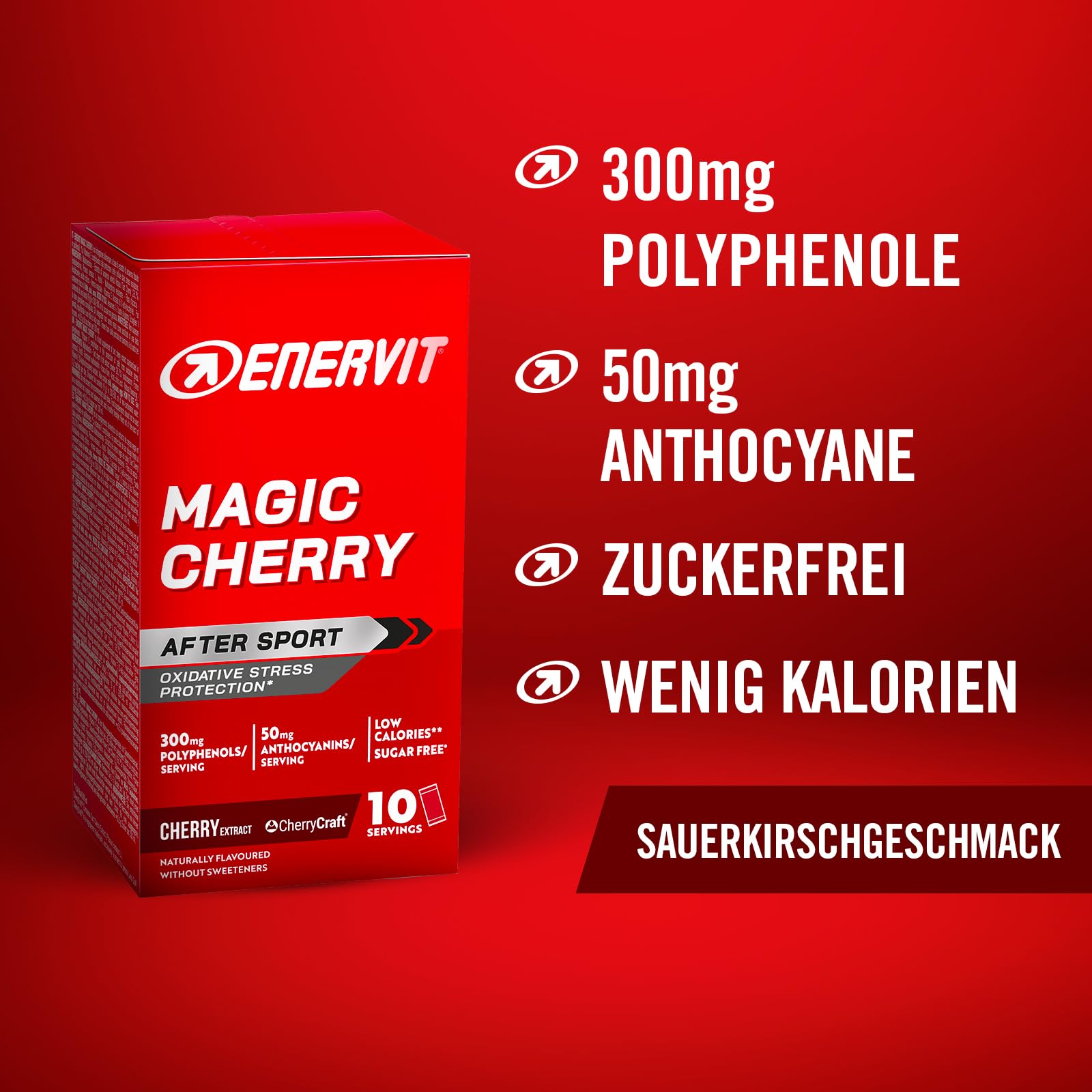 Enervit Magic Cherry – Nahrungsergänzungsmittel mit Sauerkirsch-Extrakt, 300 mg Polyphenole und 50 mg Anthocyane, Antioxidativ, optimal nach intensiven Trainings, Zuckerfrei, Vegan, 10 Beutel