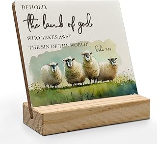 Easter Christian Lamb Desk Decor, Lamb Decor, Religious Quotes Easter Wood Plaque, Christian Bible Verse the Lamb of God Wooden Plaque Sign with Wood Stand for Home Office Decor