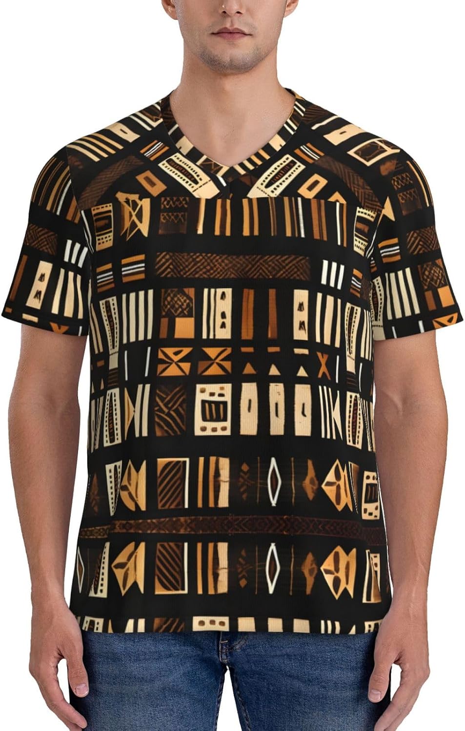 African Mud Cloth Tribal Rugby Football Jersey for Men, Comfortable V-Neck Loose Fit Top for Team Sports Athletics