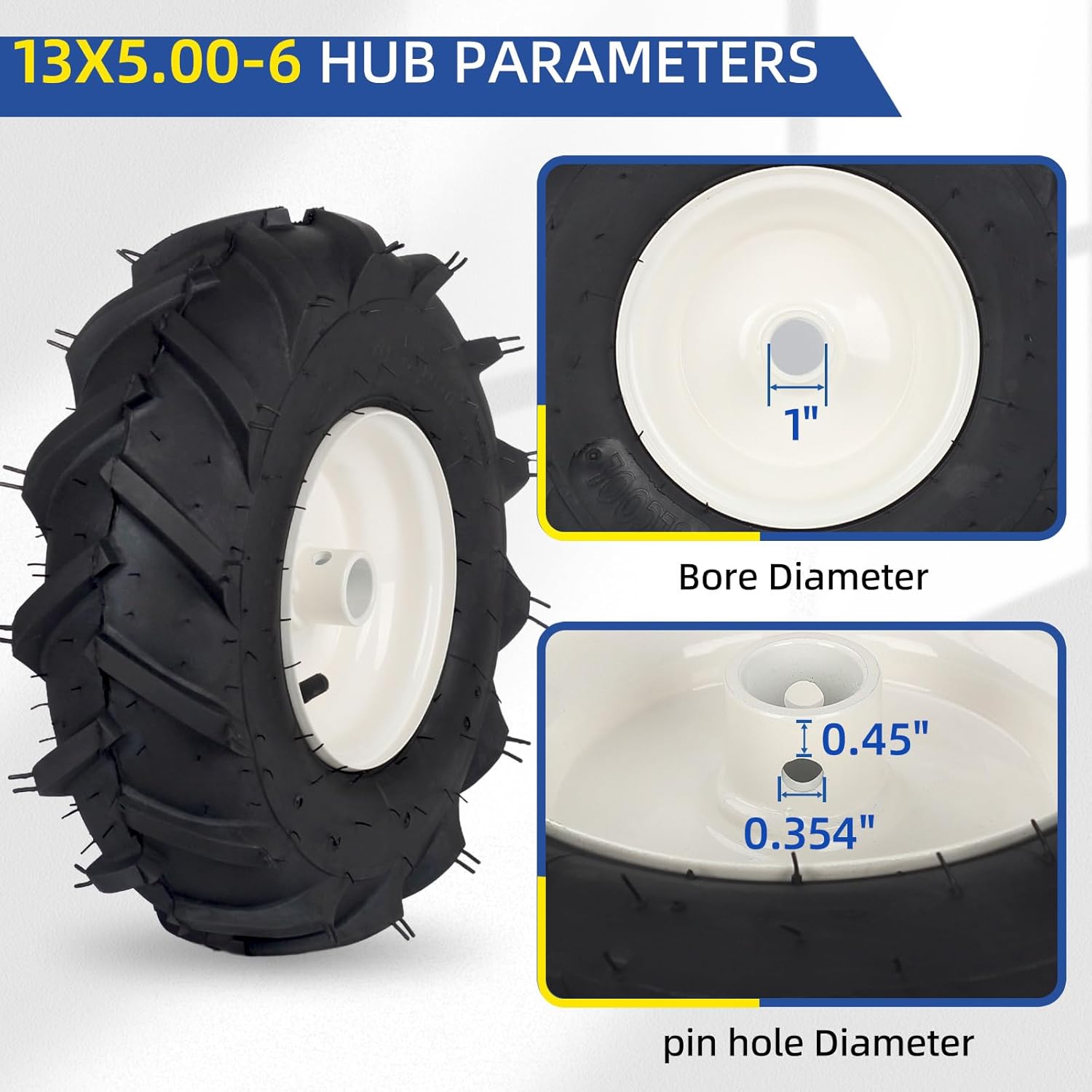 GICOOL 13x5.00-6" Tubeless Tiller Tire and Wheel, 【1" Axle Size】, 3-1/8" Centered Hub, 13x5-6 Agriculture Super Lug Tractor & Trencher Tire Replacement, 1 Pack