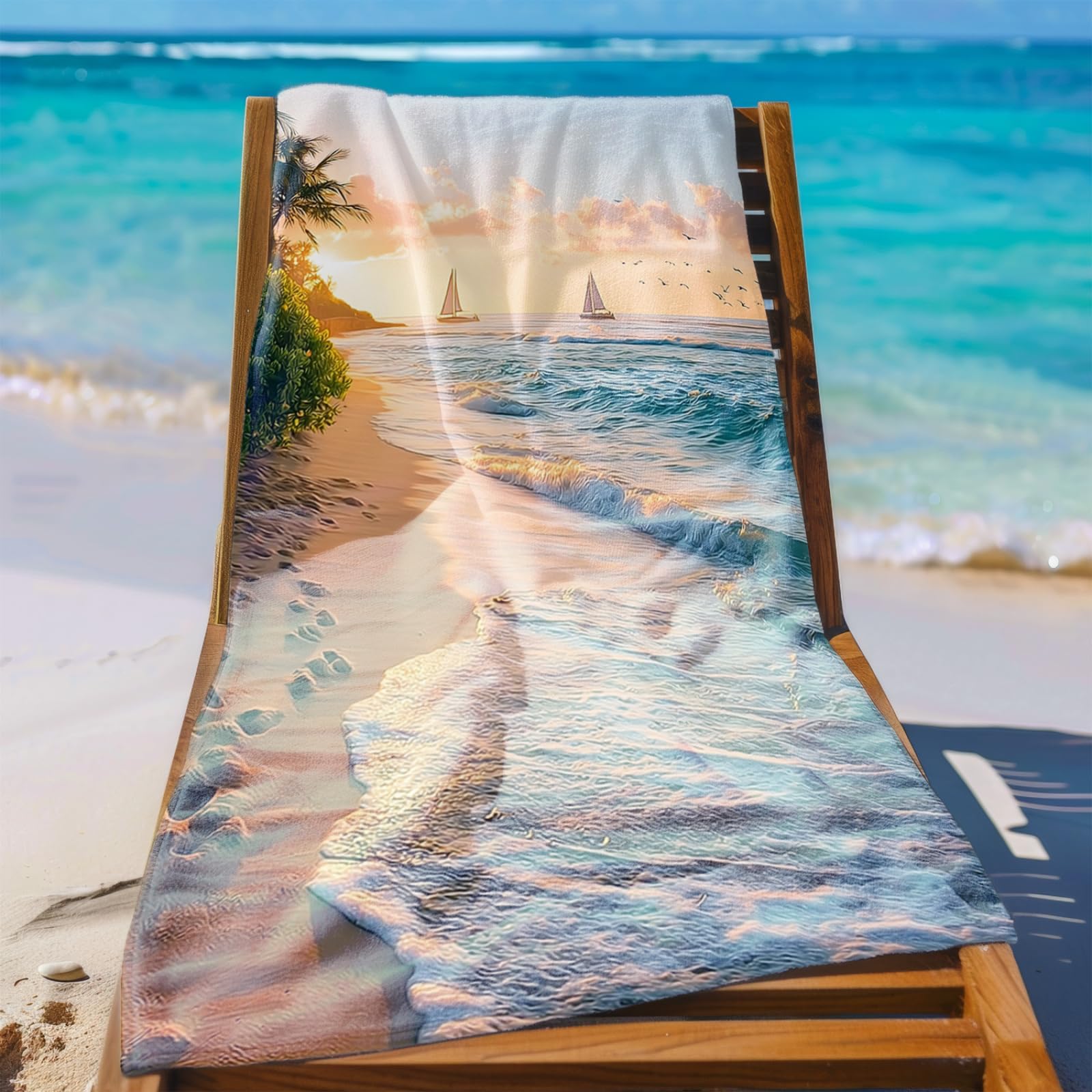 Microfibre Beach Towel 180x90cm Sailboat Seagull Tree Extra Large Pool Towels Perfect for Beach, Travel, All Ages,Quick-Dry, Sand-Free, Absorbent