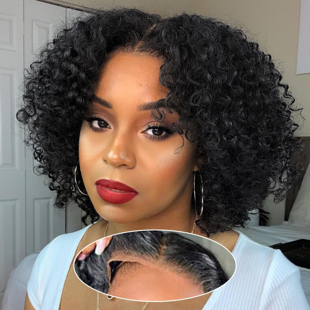 Amygirl Wear and Go Glueless Wigs Human Hair Pre Plucked Pre Cut Bob 4x4 Curly Wave Lace Front Wig 180% Density No Glue Human Hair Wigs for Black