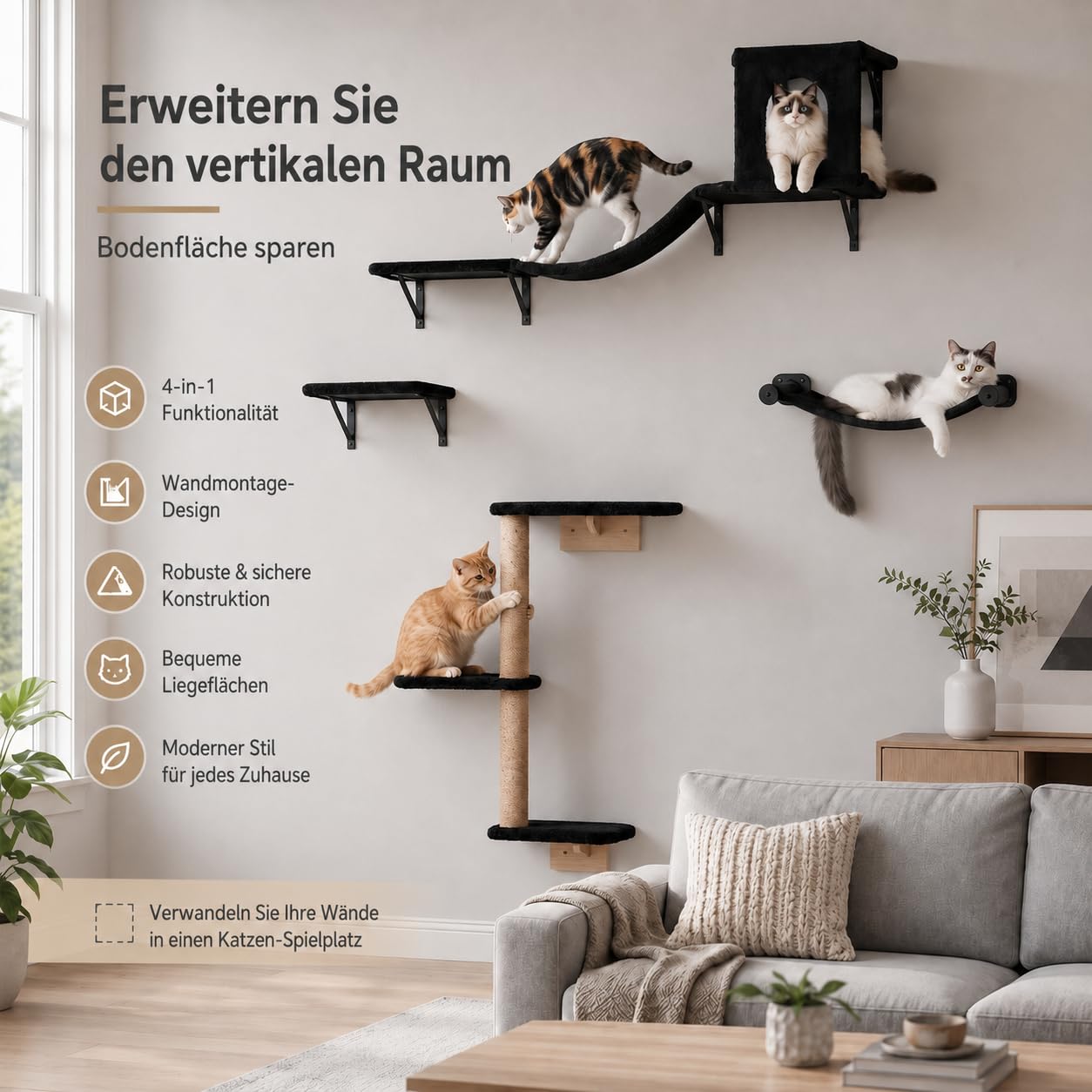 4-teiliges Katzen Wandmöbel Set, Hängematte mit Kratzsäule | Katzen Wandmöbel, mit Hängematte, Katzenbrücke, Liegefläche und Sisal Kratzsäule, stabile Wandmontage, belastbar 13,6kg