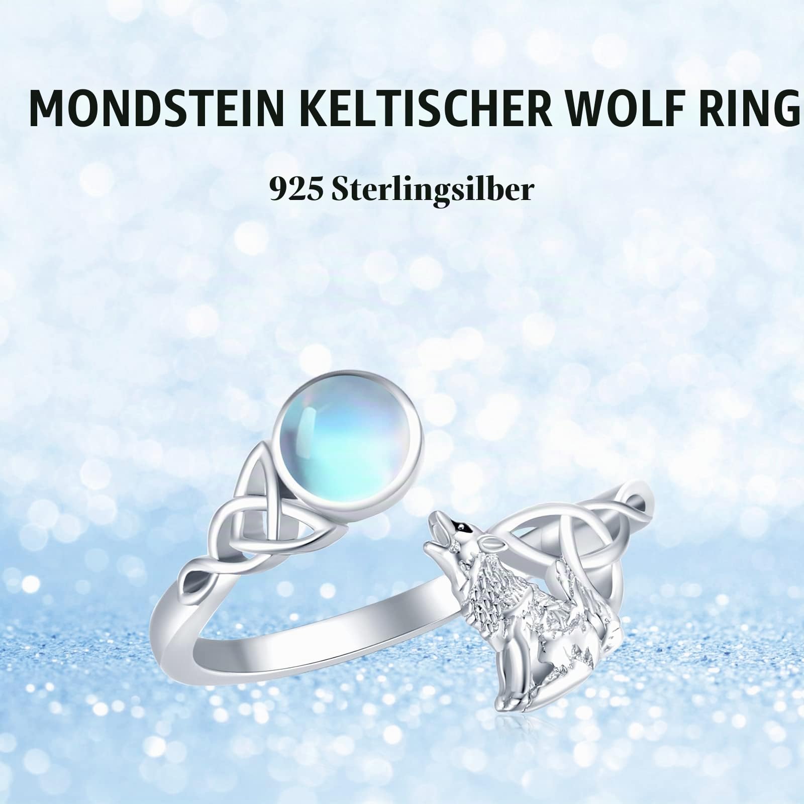 Wolfs Ring 925 Sterling Silber Celtic Knot Mondstein Ringe Verstellbar Ring Tier Ringe Geschenk Valentinstag Schmuck für Damen