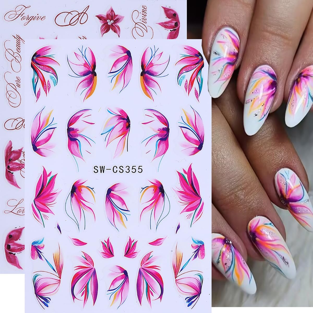 Summer Flower Nail Art Stickers Decals 3D Tropical Flowers Nail Stickers 6PCS Pink Petal Floral Letter Self-Adhesive Summer Nails Design Manicure Sliders Nail Art Supplies for Women Nail Decorations
