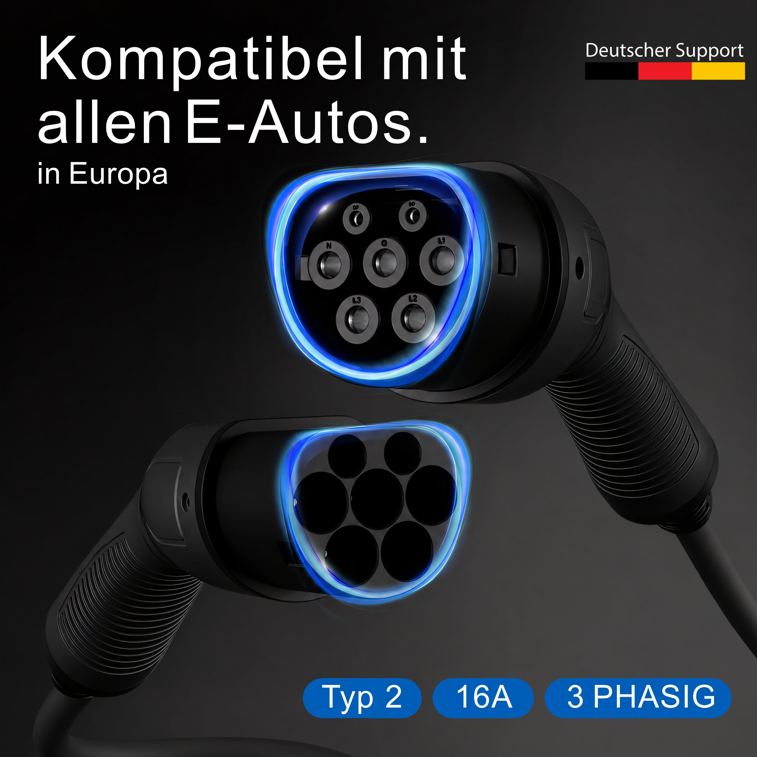 Cable de carga en espiral tipo 2, 11 kW, 5 m, 16 A, para coche eléctrico e híbrido, incluye bolsa de cables, cable en espiral de 3 fases para EV PHEV • Ahorro de espacio, adecuado para todos los