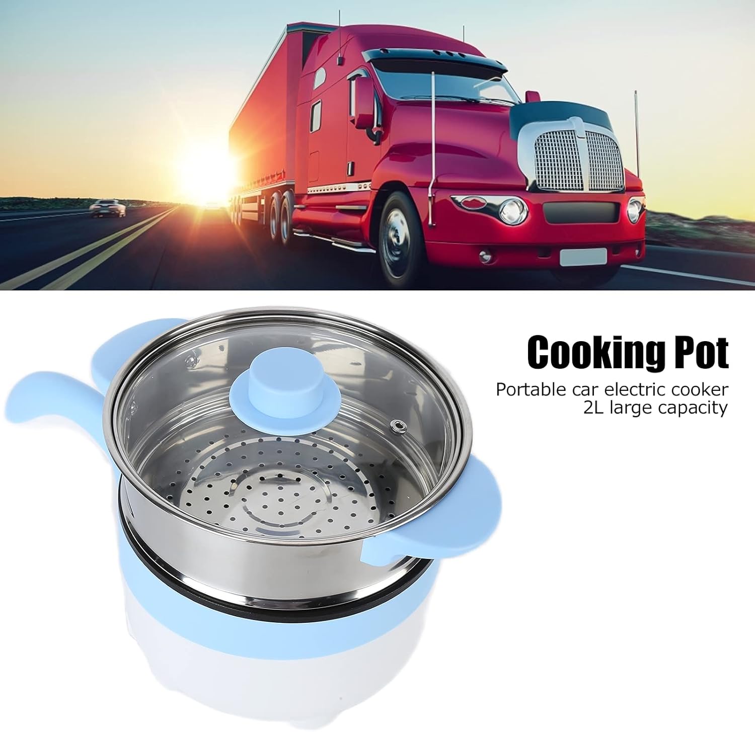 24V 2L Electric Cooking Pot Portable Car Cooker Multifunctional Steamer Stainless Steel Insulation (24V 2 liter electric cooked frying pan sky blue)