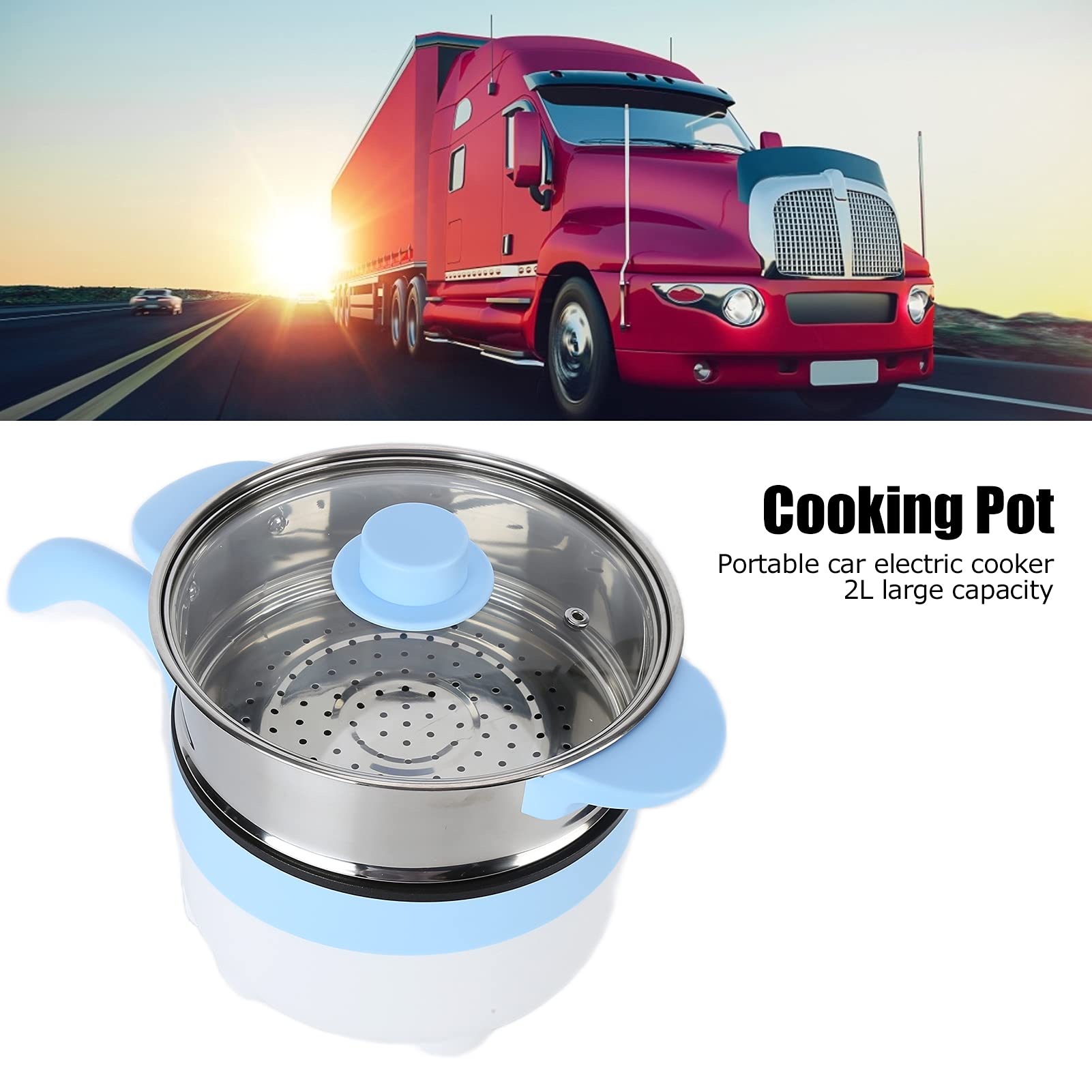 Aqur2020 24V 2L Car Electric Cooking Pot, Stainless Steel, Non Stick, Multifunction Cooker with Steamer for Vehicle Truck (24V 2 Liter Electric Frying pan Sky Blue)