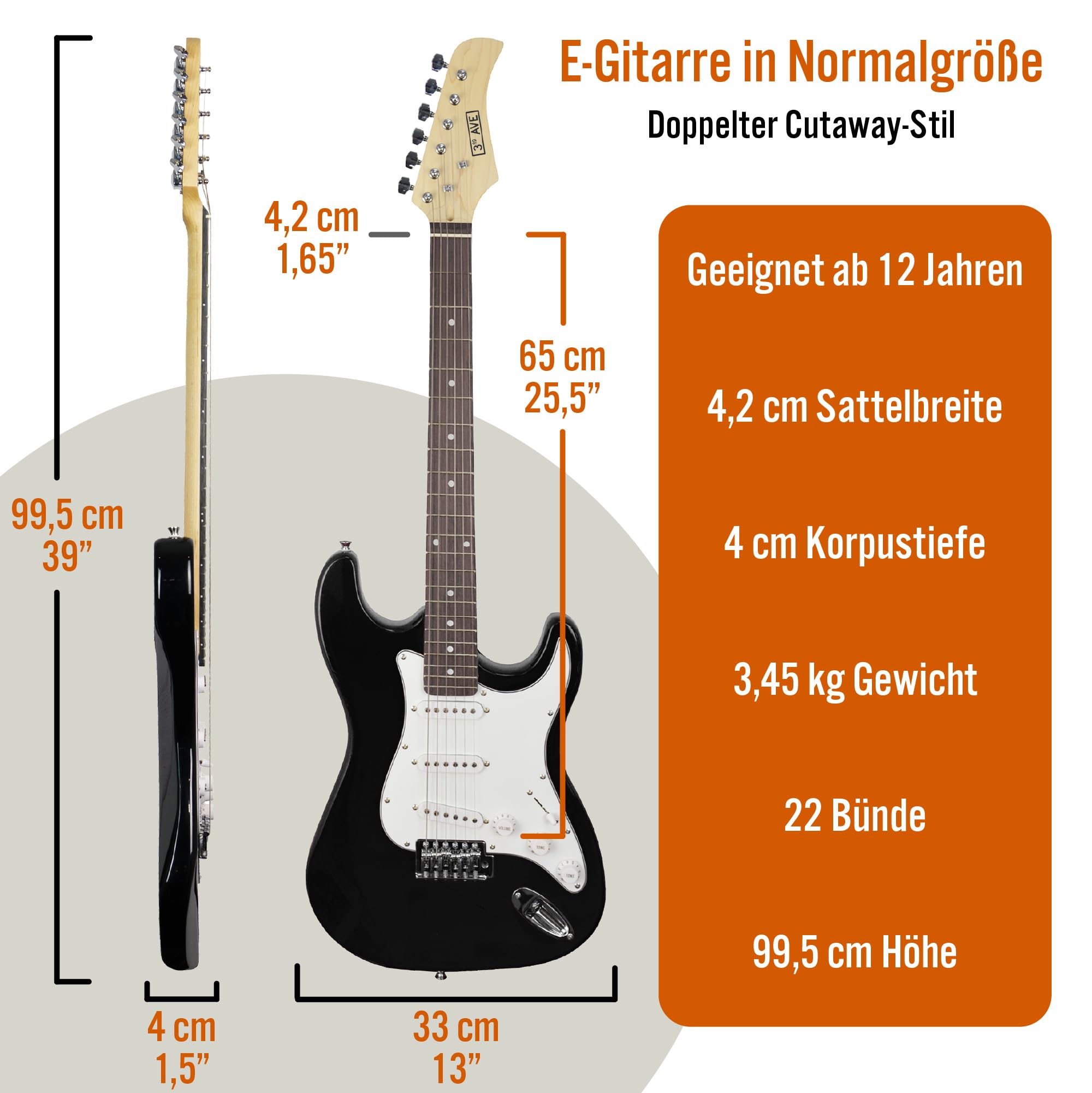 3rd Avenue XF Full Size 4/4 E-Gitarre Starter-Einsteigerpaket Mit Tasche, Gurt, Plektren Und Kapodaster - Schwarz
