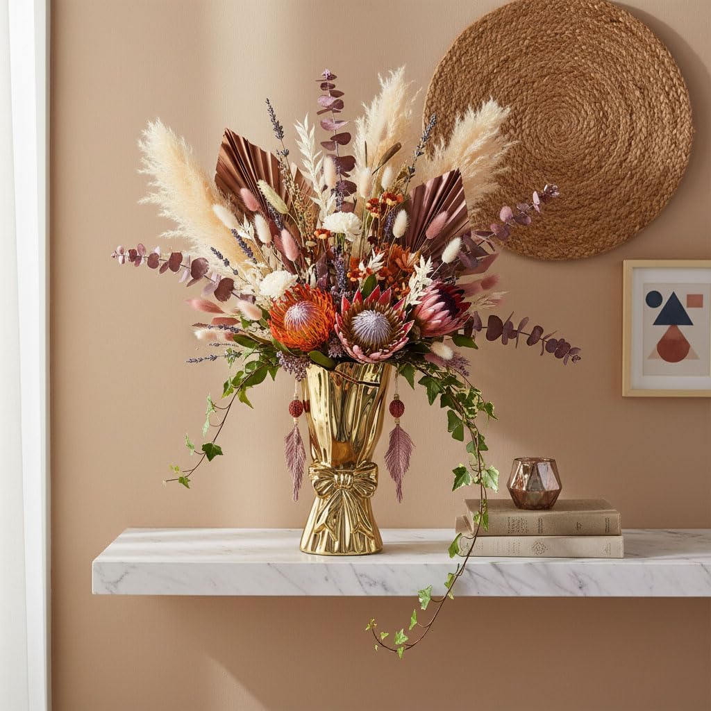 Ceramic Bow Vase,Gold Coquette Girly Bouquet Vase Aesthetic, 9.4 in Tall Wide Mouth Floral Vases for Fresh/Dried/Faux Flowers,Cute Home Decor for Home Living Room Table Shelf,for Mom Women (Gold)