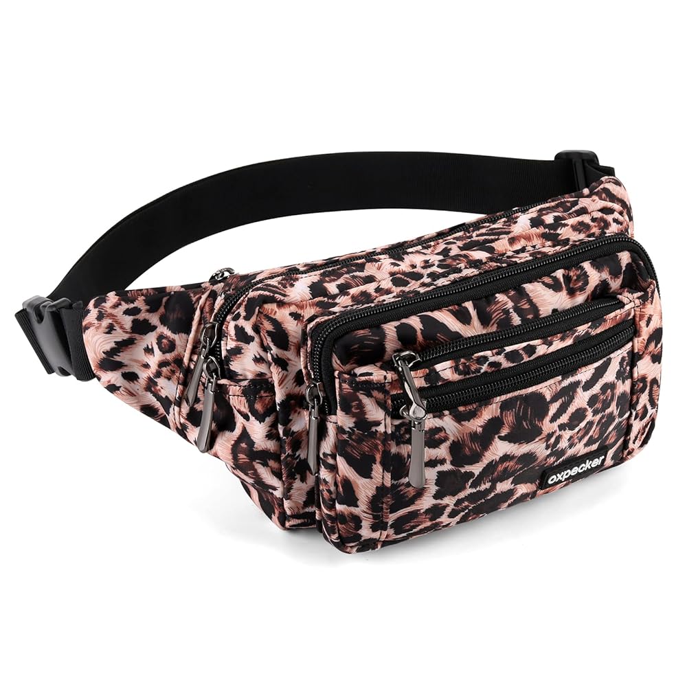 Oxpecker Waist Pack Bag with Rain Cover, Waterproof Fanny Pack for Men&Women, Workout Traveling Casual Running Hiking Cycling, Hip Bum Bag with Adjustable Strap for Outdoors (Leopard print)