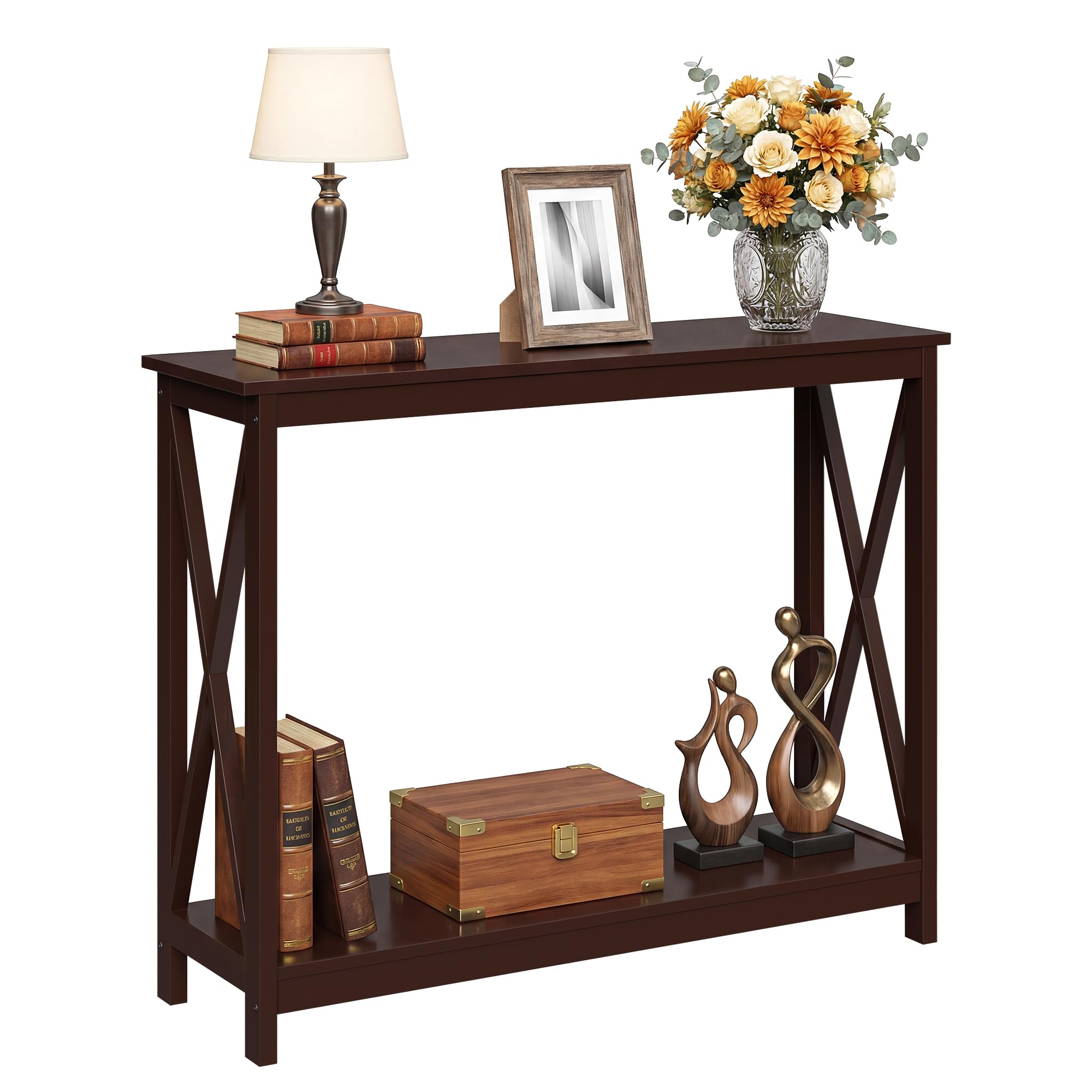 ZenStyle Sofa Side Console Table with 2 Storage Shelves Narrow Accent Table for Entryway/Hallway/Living Room, 39.3in L x 11.8in W x 31.6in H (Dark