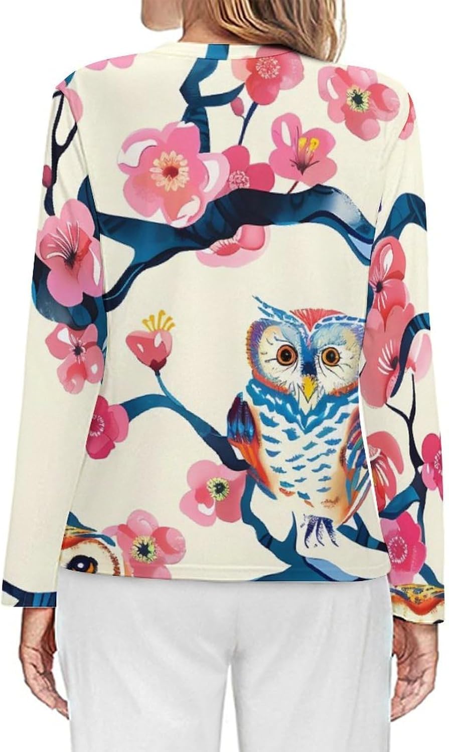 Colorful Owl Cherry Women's Pajama Top Sleepwear Pajamas Sleep T-Shirt Long Sleeve Shirt Crewneck Tee