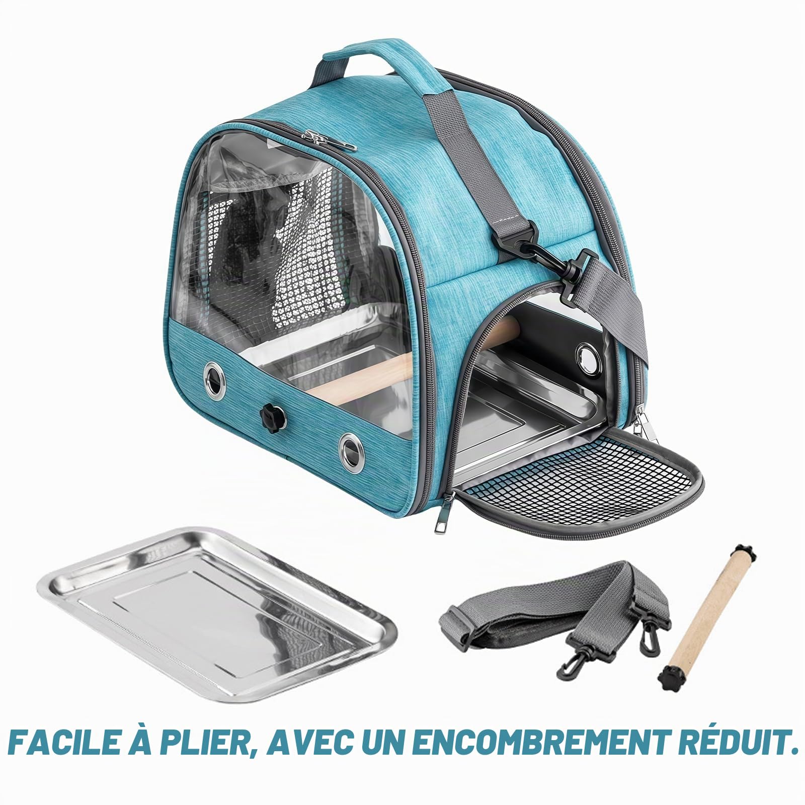 Boîte de transport pour oiseaux : sac à dos pour oiseaux avec perchoir et plateau en acier inoxydable, boîte de transport légère et respirante, cage de voyage pour perroquets perruches (bleu