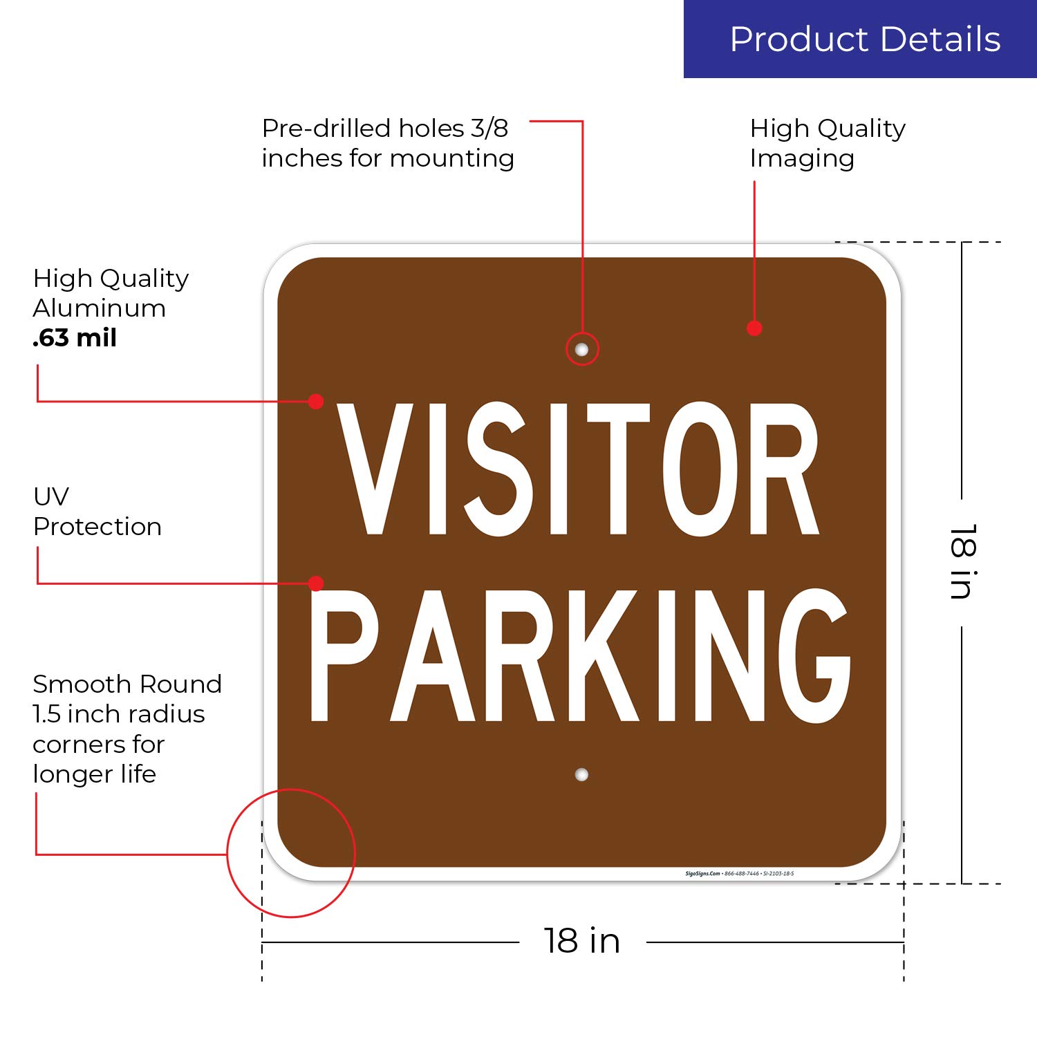 Visitor Parking Sign, 18x18 Inches, Rust Free .063 Aluminum, Fade Resistant, Easy Mounting, Indoor/Outdoor Use, Made in USA