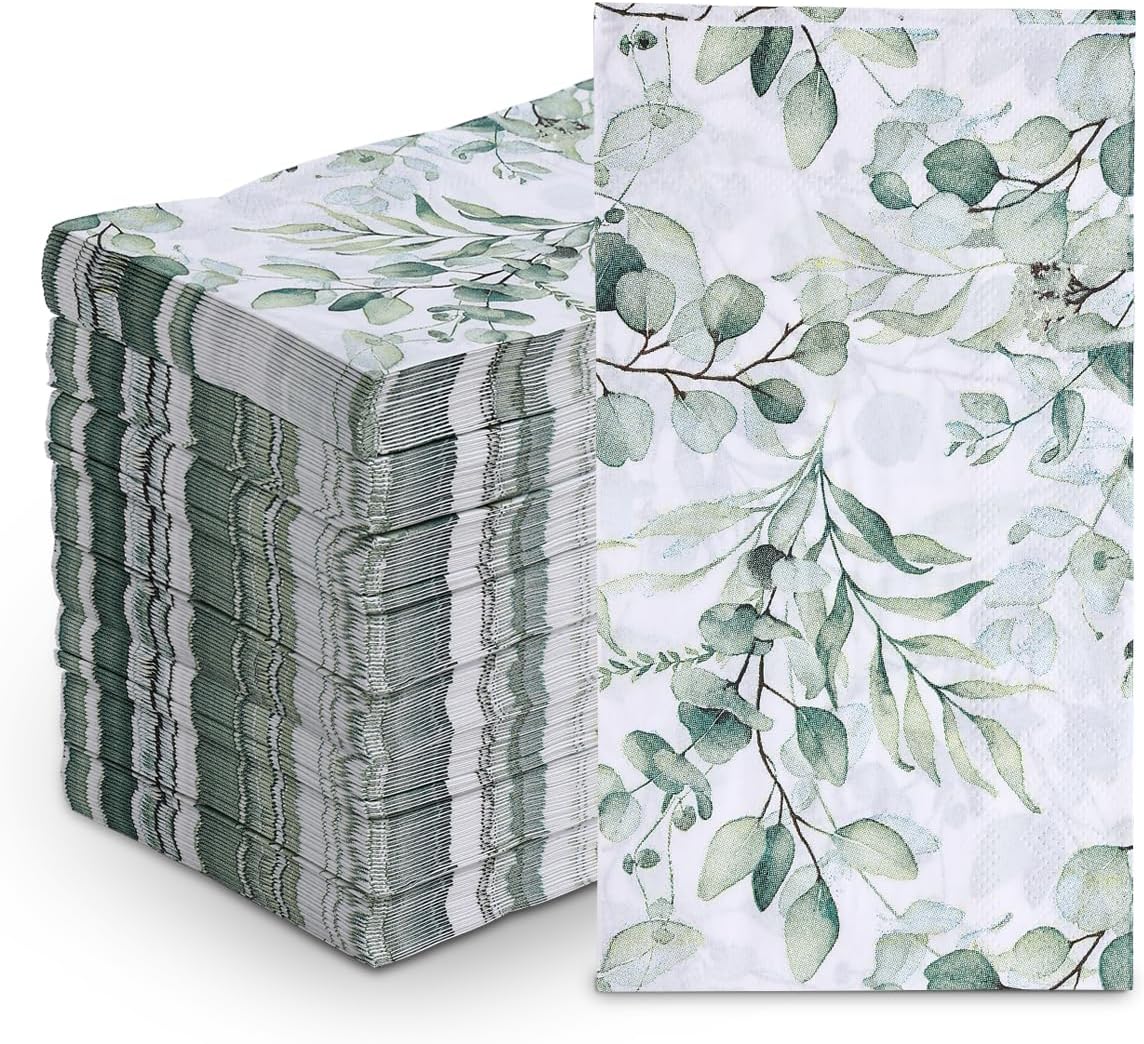 100Pcs Disposable Greenery Guest Napkins Paper Disposable Hand Towels Green Leaves Decorative Paper Dinner Hand Napkin for Bathroom Baby Shower Party Supplies Table Decor