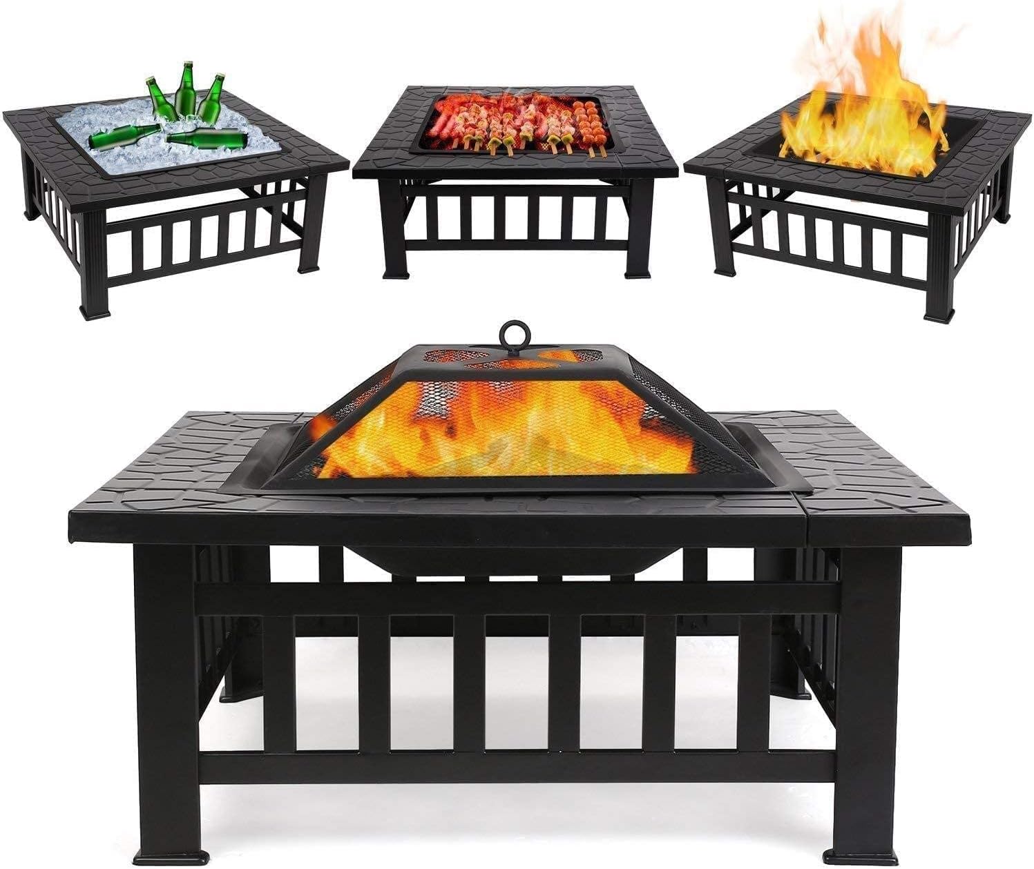 Garden Fire Pit Grill Bowl Grill Barbecue Rack Fire Pit,Outdoor Brazier Metal Square Patio Firepit Table BBQ Garden Stove with Spark Screen Cover Log Grate and Poker