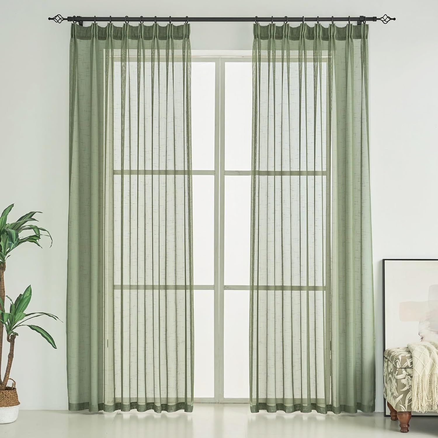 Sage Green Linen Look Sheer Curtains 102 Inches Long 2 Panels, Rustic Textured Light Filtering Drapes, Elegant Window Decor, Floor to Ceiling Pinch Pleat Curtain with Hooks
