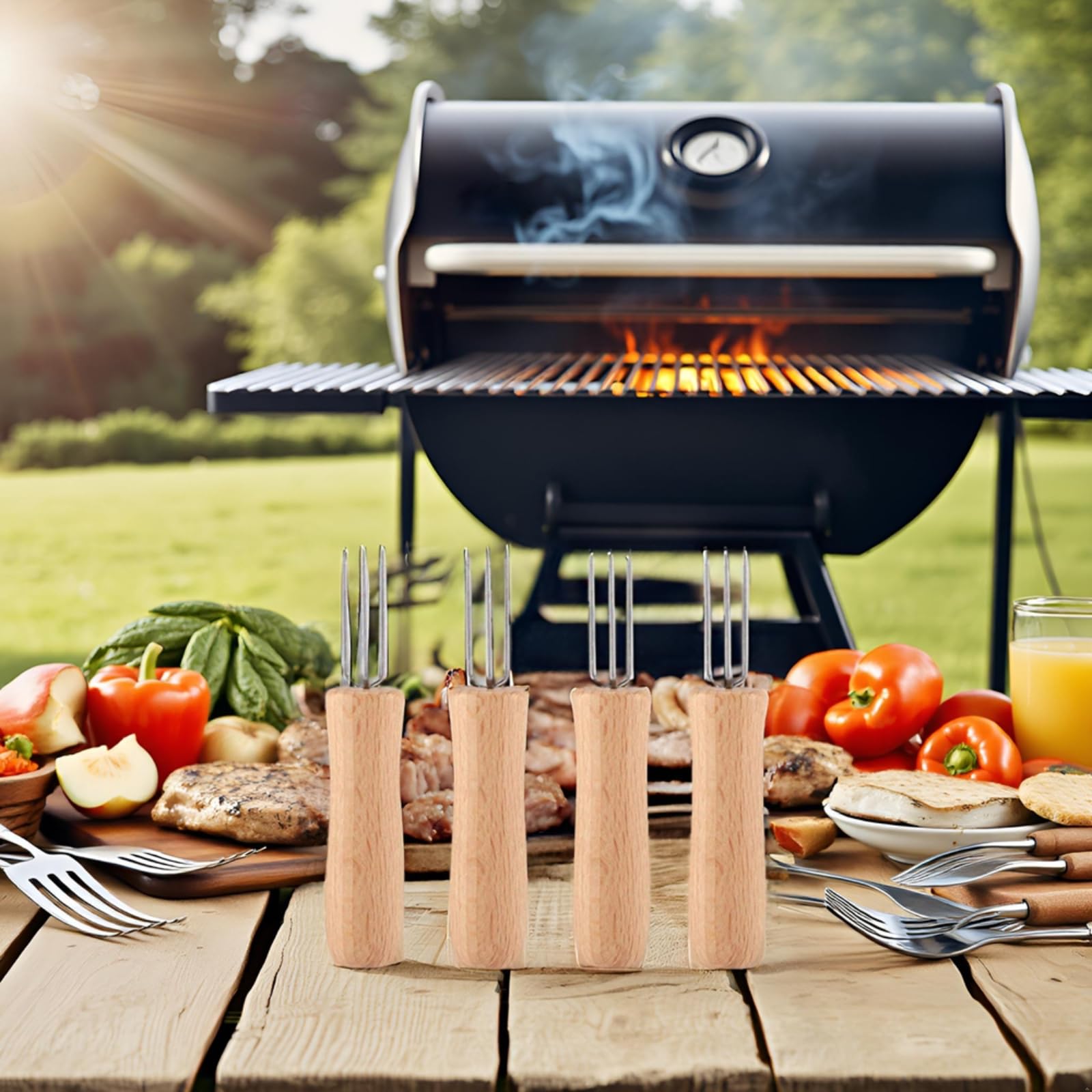 4Pcs Stainless Steel Corn Holders, Corn Cob Holders Wooden Handle for BBQ Meat Fruit Forks Barbecue