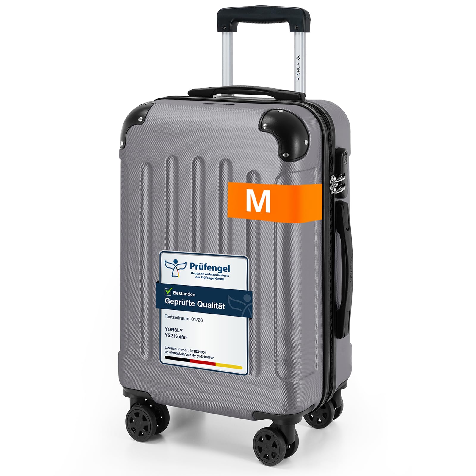 YONSLY Gepäck Reisekoffer, Trolley Rollkoffer Handgepäck, Hartschalenreisekoffer mit 360° Lenkrollen, Zahlenschloss, Mehrstufiger Teleskopgriff