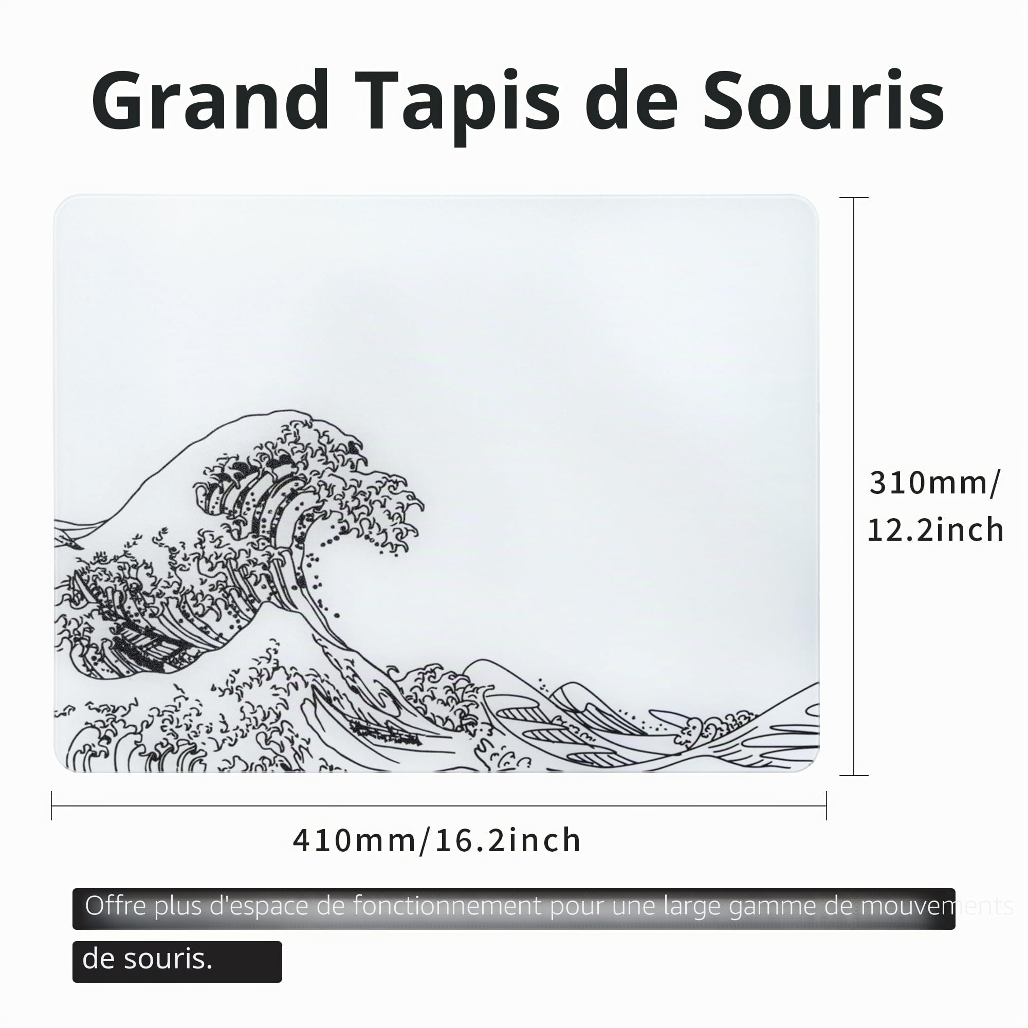 Tapis de Souris de Jeu en Verre Kanagawa Blanc Dur pour Jeux, Grand Tapis de Souris Professionnel 410 mm x 310 mm, Surface en Verre spéciale avec précision et Vitesse améliorées