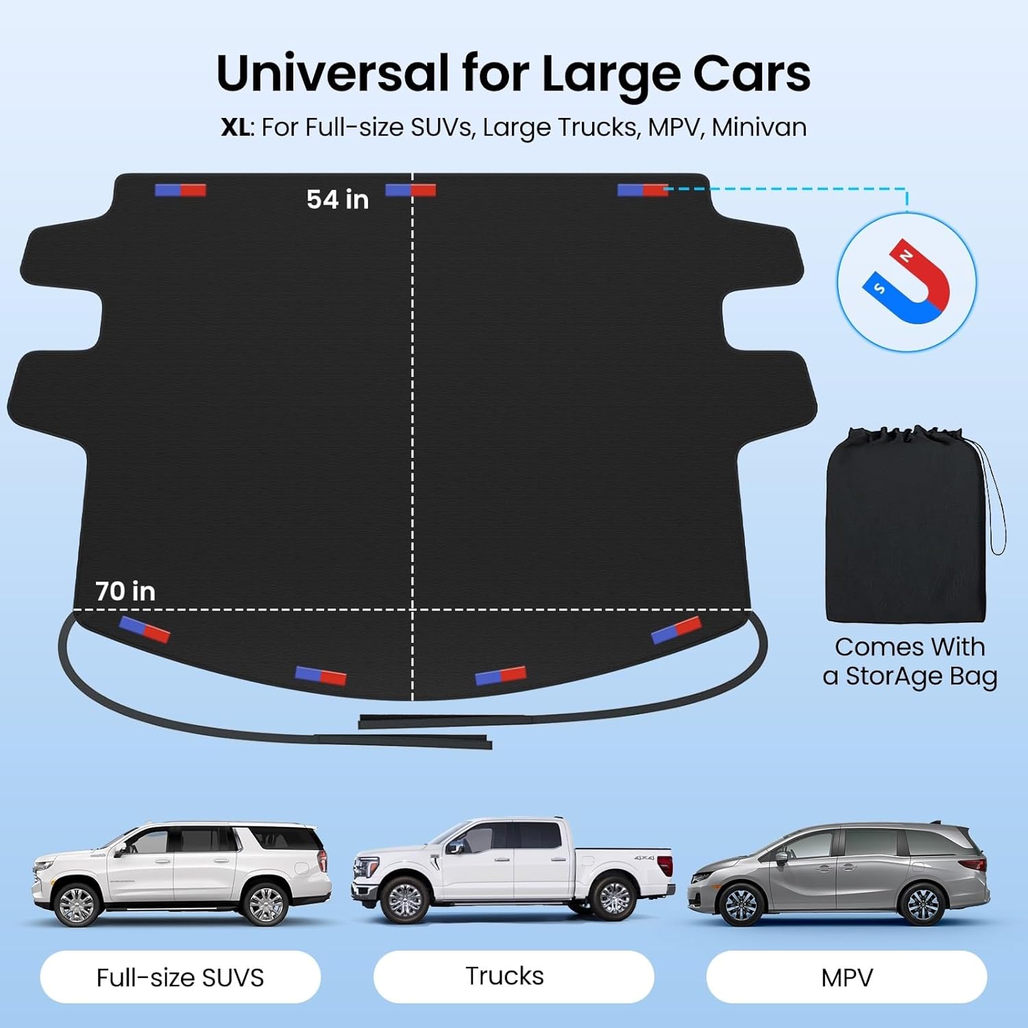 REEVAA Car Windshield Cover for Ice & Snow [All-Weather Protection] Magnetic Fit Weatherproof Frost Cover, Car Winter Accessories, Fit for Large Trucks/SUVs, MPV - XL (70''x54'')