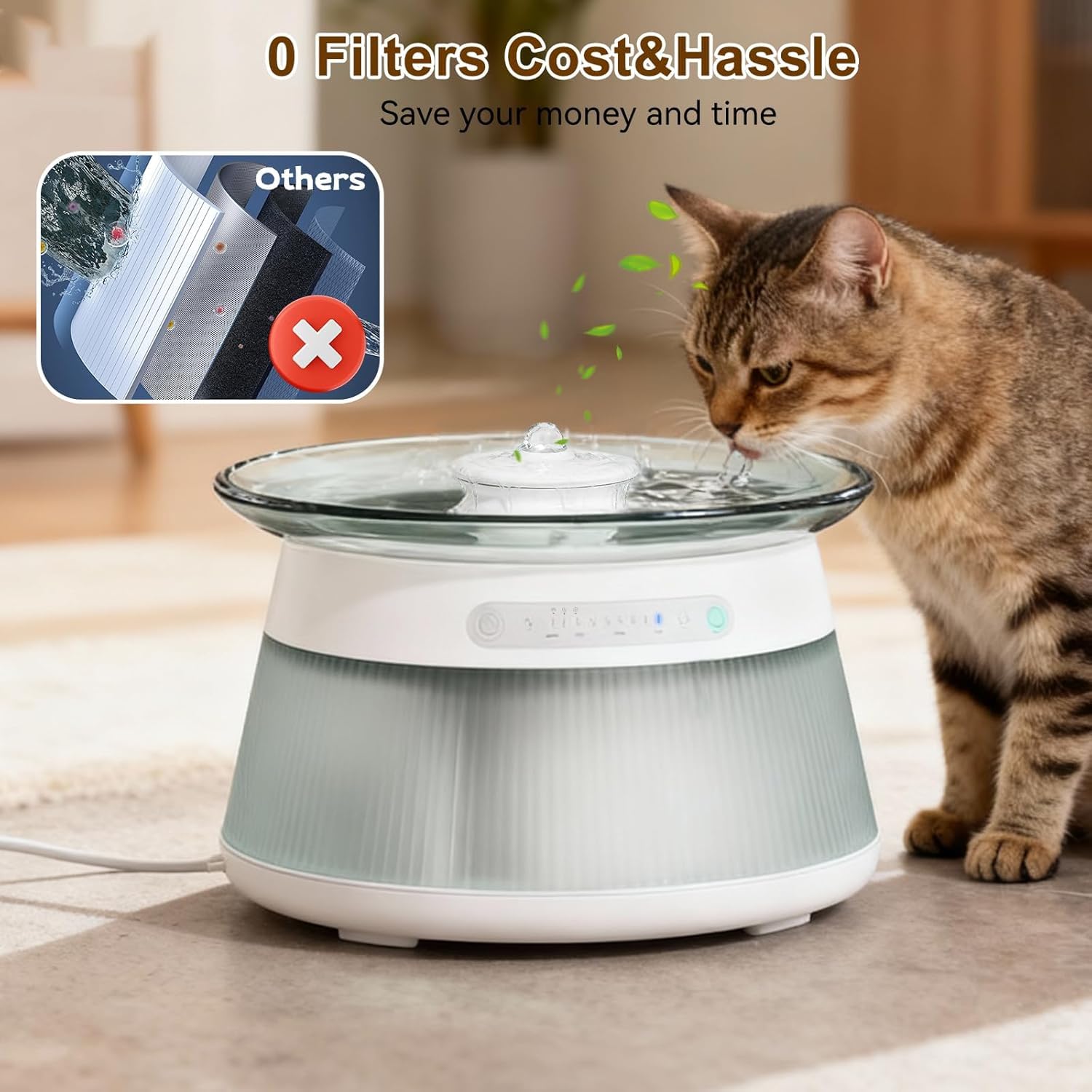 Fuente de agua para gato de 2,5 l, sin filtro, sin filtro, con detector de movimiento, separación de aguas residuales y siempre agua fresca, 4000 mAh, bomba de agua silenciosa, bandeja de