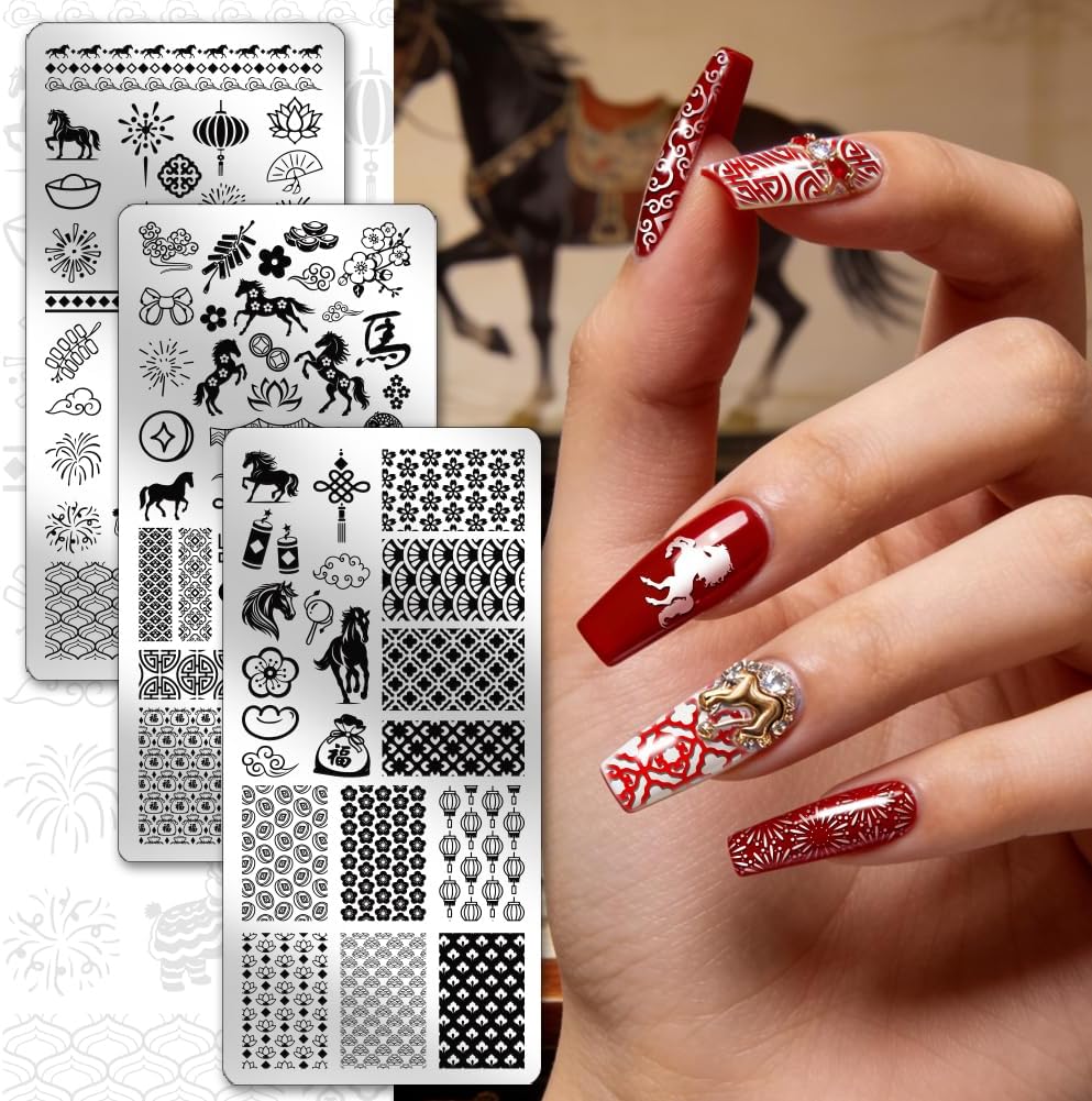 PH PandaHall 3pcs Year of The Horse Nail Stamping Plates 2026 New Year Nail Art Stencil Lantern Fireworks Nails Art Templates Lion Dances Nail Design Stencil for Women DIY Manicures Salon Print