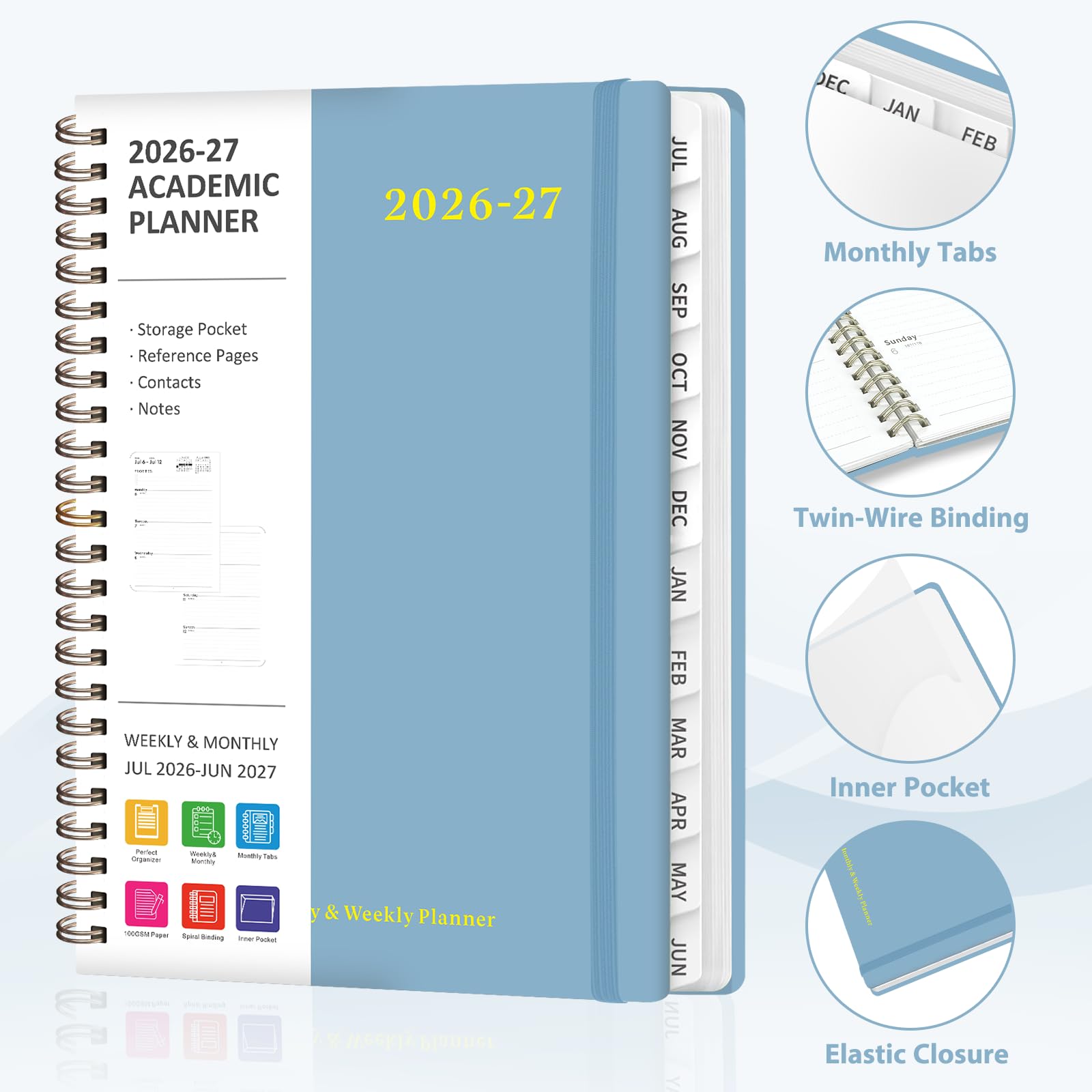 Planer 2026–2027, wöchentlicher und monatlicher akademischer Jahreskalender, Juli 2026 – Juni 2027, Tagesplaner für Büro- und Schulbedarf, A5 (16,3 x 21,6 cm)