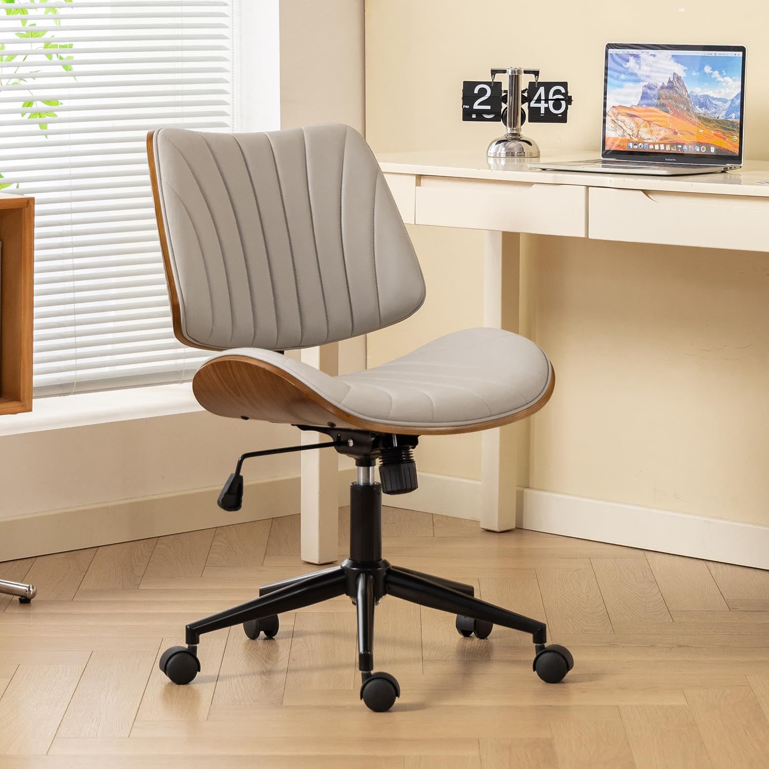 EROMMY Armless Office Desk Chair,Wooden Back Small Office Desk Chair No Arms Adjustable Height Modern Armless Chairs with Swivel Wheels for Small Spaces, Grey