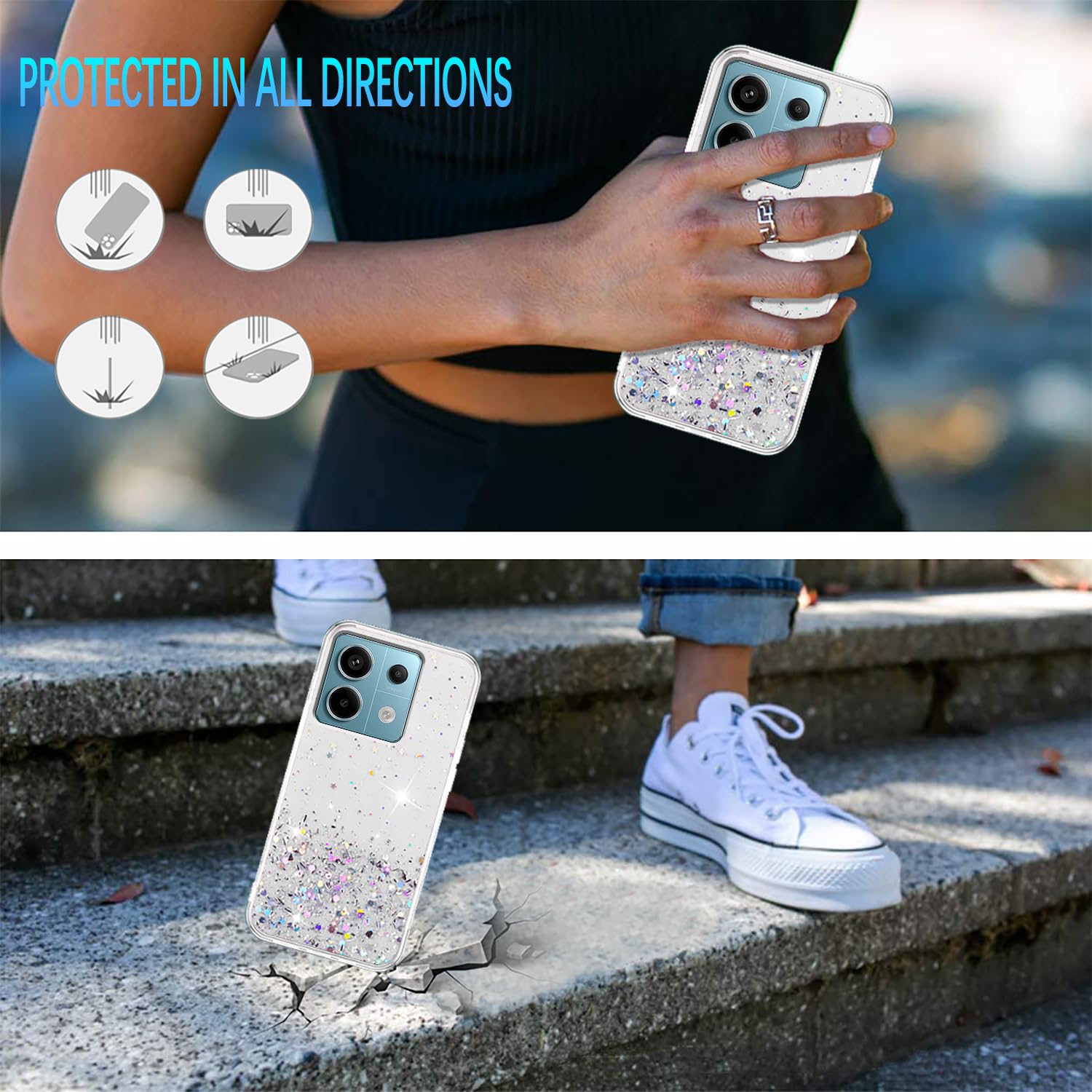 Kaywzo Cover Per Xiaomi Redmi Note 13 5G - Custodia Trasparente Con Glitter E Protezione Fotocamera, Morbida TPU Anti-ingiallimento - 6
