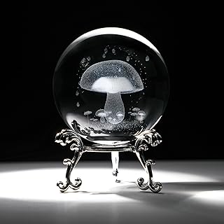 HDCRYSTALGIFTS 3D Mushroom Crystal Ball with Stand 60mm Laser Engraved Plant Paperweight Glass Decorative Ball Sphere Mushroom Figurines for Mom Women Friends Home Room Table Decor