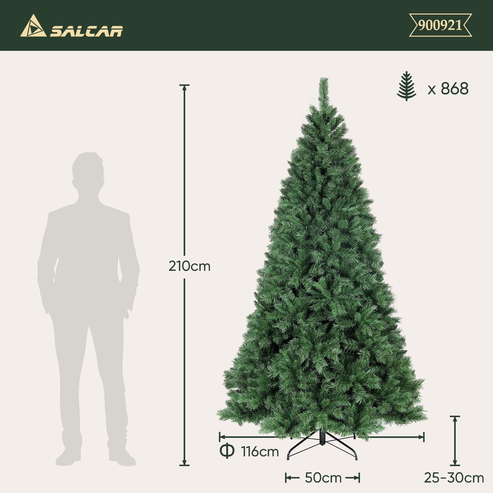 SALCAR Sapin de Noël Artificiel 210cm, Arbre de Noel avec 868 Pointes de Branche, Gants et Pieds de Sapin de Noël en Métal, Lgnifuge, Assemblage Rapide