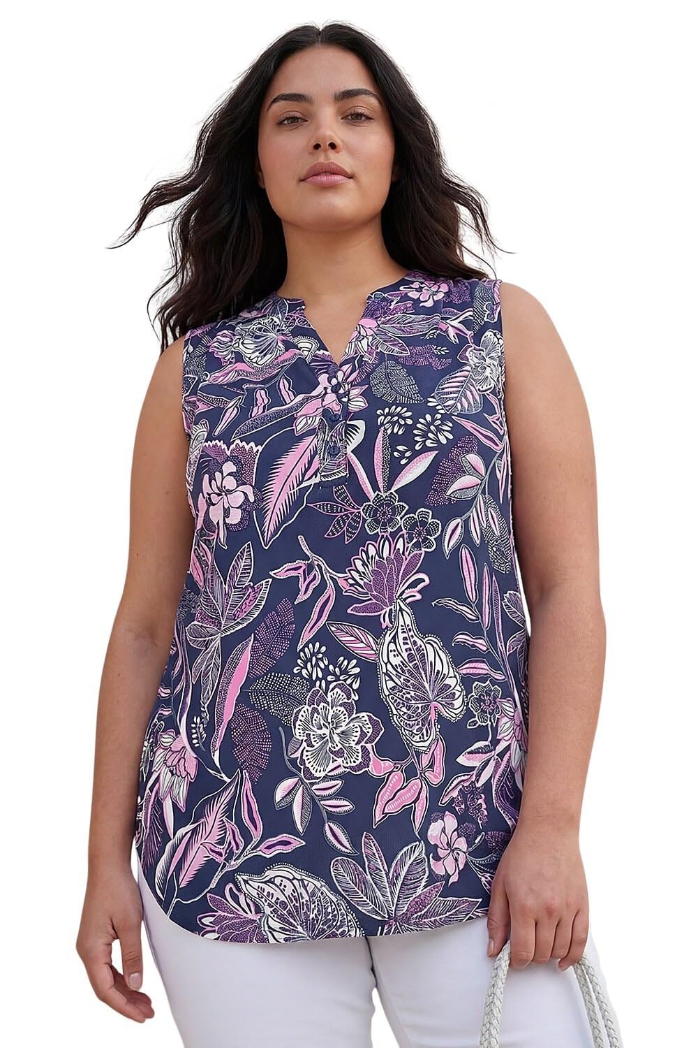Roman Originals Women's Pink Plus Curve Textured Floral Print V-Neck Top For Uk - Everyday Holiday Spring Summer V-Neckline Comfy Soft Evening Vacation Work Party - Size 20