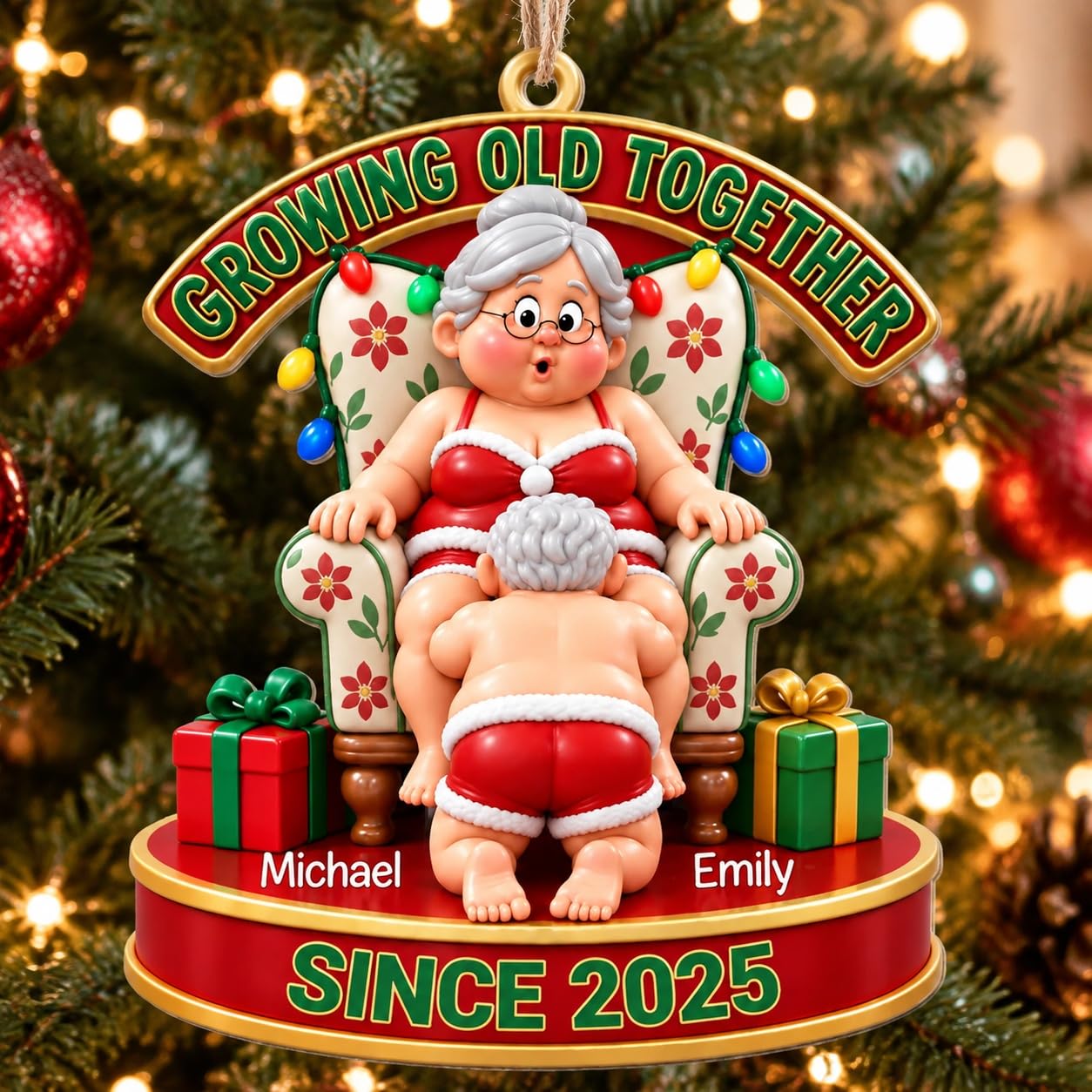 Personalised Growing Old Together Christmas Baubles, Santa Couple Ornament โ image 1