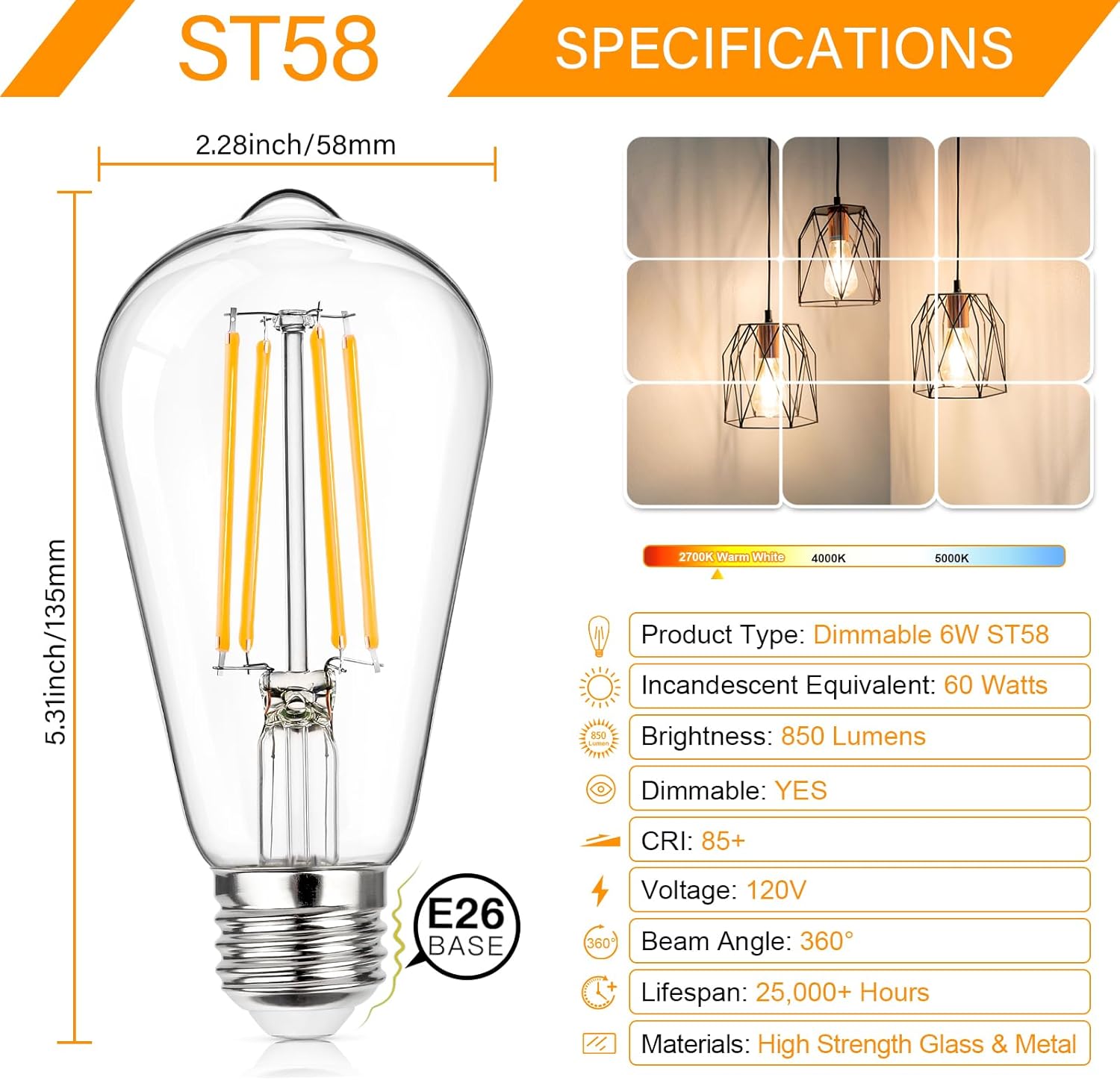 MAXvolador 12-Pack Dimmable Vintage LED Edison Bulb 60W Equivalent, 6W 850Lumens Warm White 2700K ST58 Antique Filament Light Bulbs, E26 Base