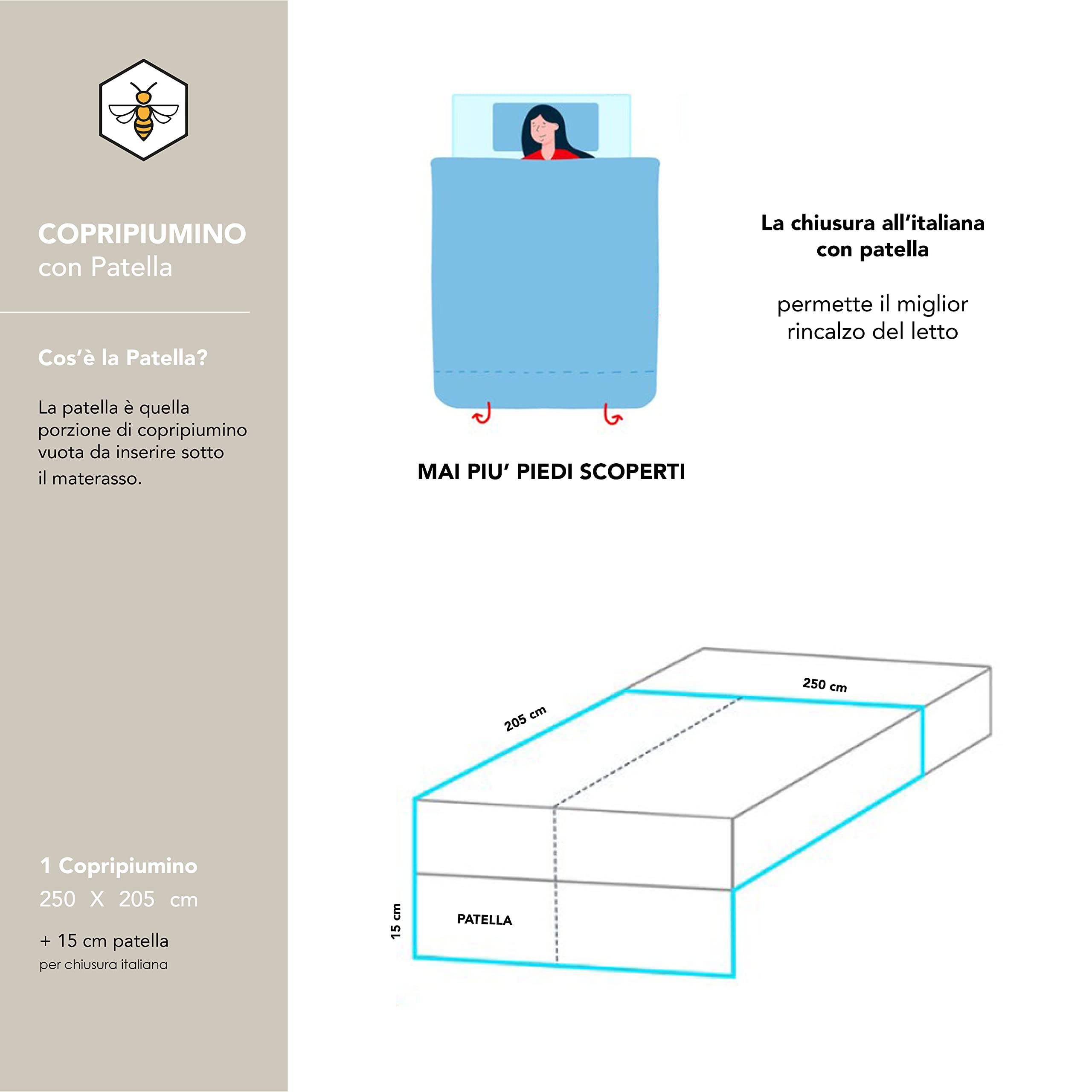 Set Copripiumino, sacco popripiumino realizzato in Italia in cotone 250X205(+15) CM in tinta unita BLU
