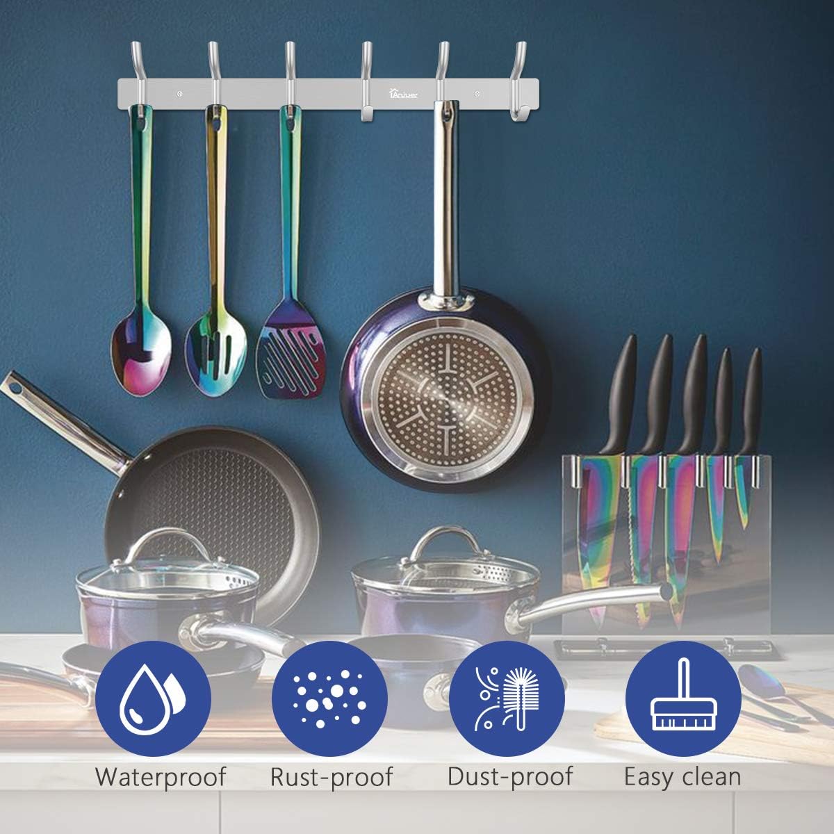 Wall Mounted Coat Rack 42 cm Hook 6 Hooks Aluminium Alloy Silver for Kitchen