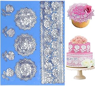 Wedding Silicone Lace Mat, Rose Cake Decorating Mold, Flowers Cake Decorating Tools for Edible Lace Fondant Mold, Sugar-Lace Cupcake Mat