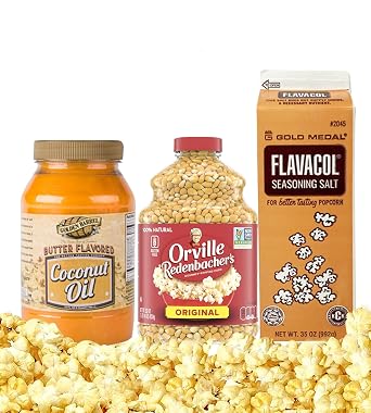 AYD Goods Complete Movie Theater Popcorn Kit, Yellow Kernels, Butter Flavored Coconut Oil, 32 oz, Salt, 35oz, AYD Goods Popcorn Bags, 20 Counts