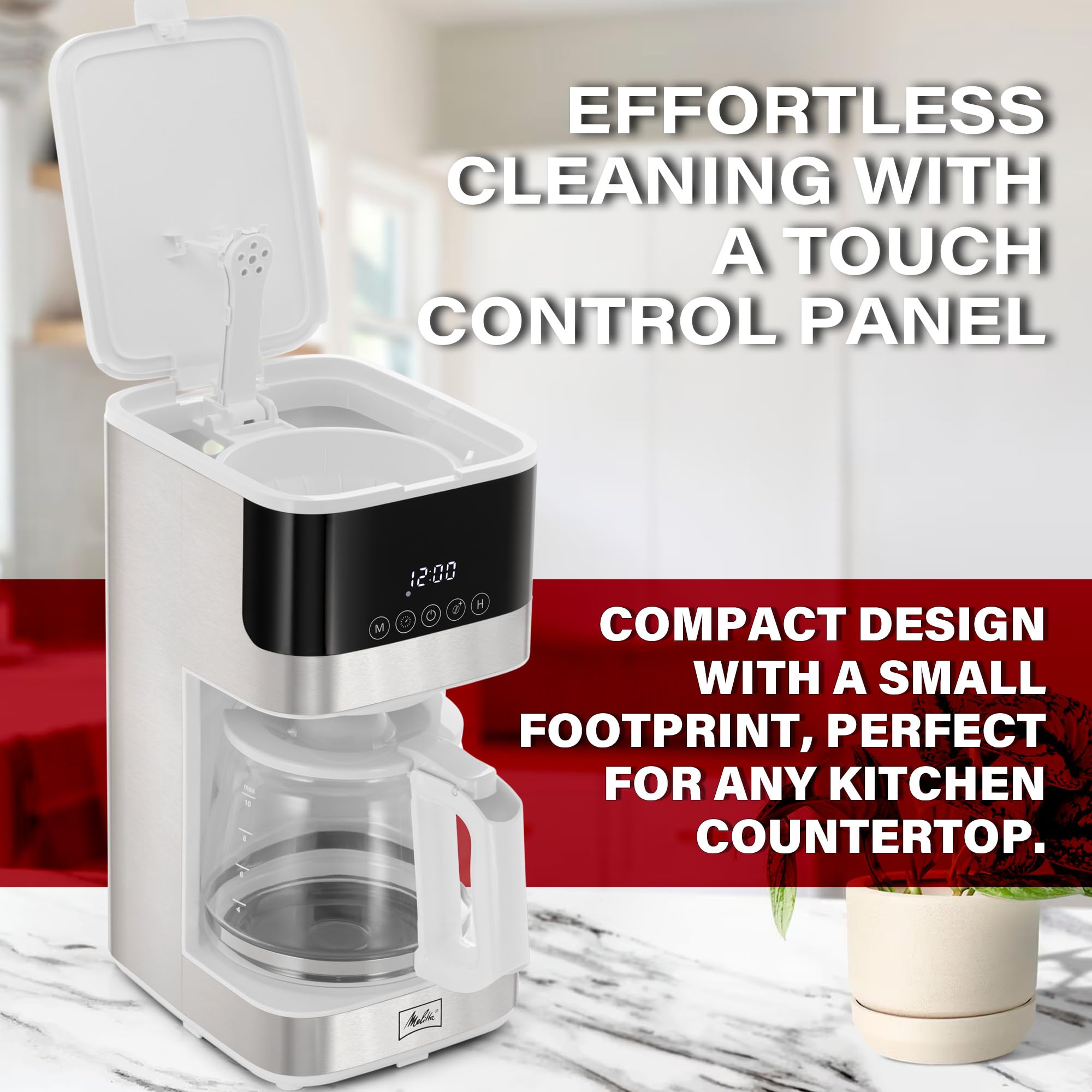 Melitta Aroma Tocco Glass 10-Cup Drip Coffee Maker, White | Automatic and Programmable, Auto Shut Off, Touch Control Panel, Stainless Steel Accented, with 5-Packed Coffee Filter