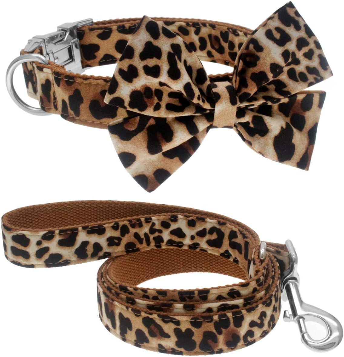 Dog Collar with Bow, Cotton & Webbing, Detachable Bowtie Dog Collar, Adjustable Dog Collars and Leash for Small Medium Large Dogs (L, Leopard Print)