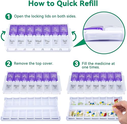 Miniatura 4 de MERICARGO Organizador semanal de pastillas 2 veces al día, pastillero grande fácil de llenar 7 días, organizador de medicamentos Am Pm, pastillero