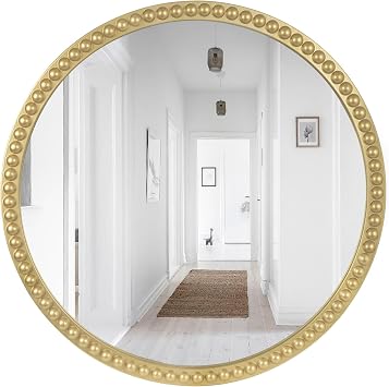 WallBeyond Decorative Round Wall Mirror with Gold Beaded Frame, 30 inch Round Mirror for Wall Decor Home Decoration Entryway Living Room Bedroom