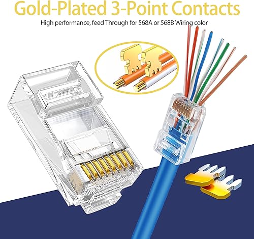 Vista 3 de PETECHTOOL Conectores RJ45 Cat6 pasan a través de conectores Ethernet Cat6 Cat5, paquete de 100 unidades con pelacables para cable Ethernet UTP